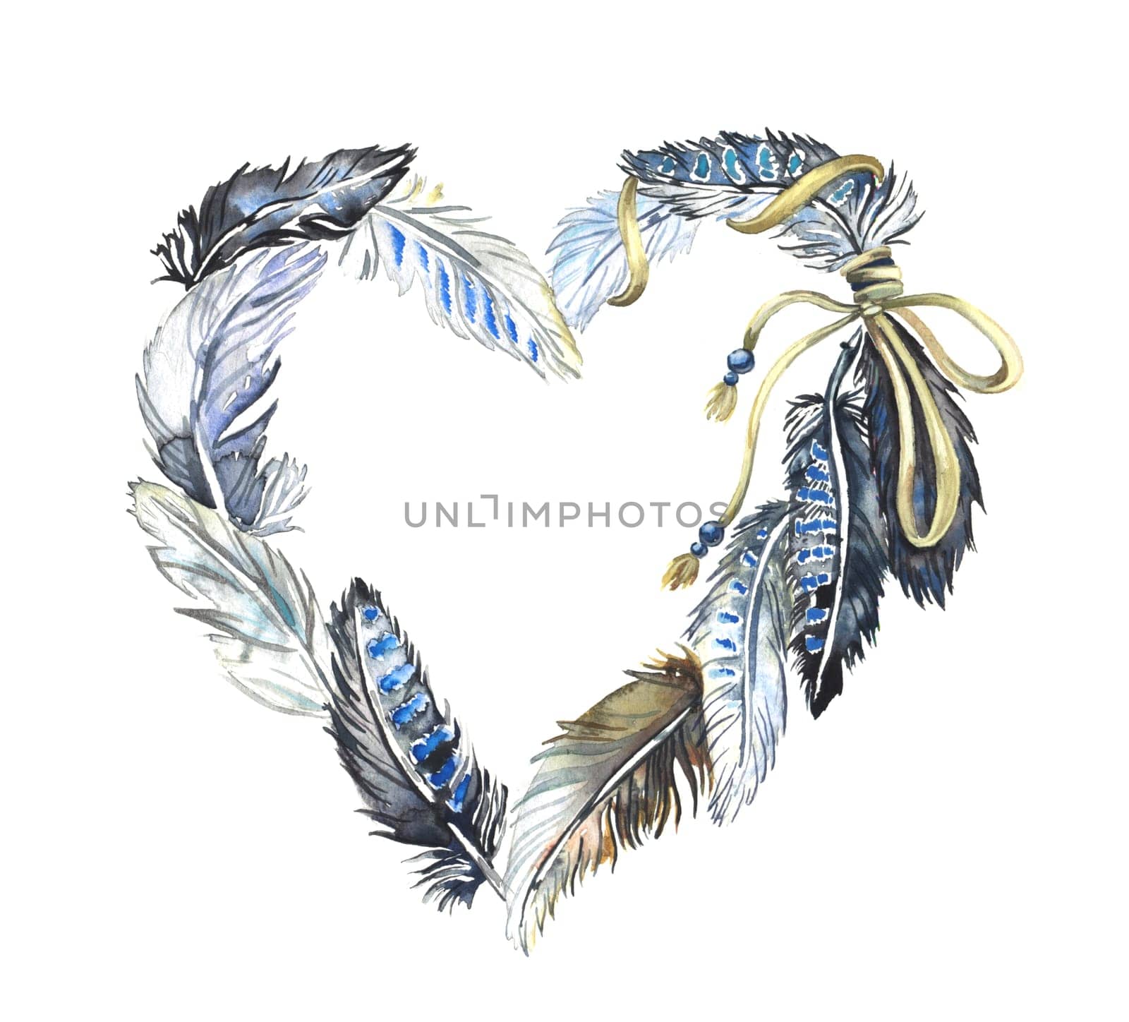 Watercolor blue boho feather heart. for Valentine's Day. Hand drawn fashion illustration in boho, ethnic, tribal style by fireFLYart