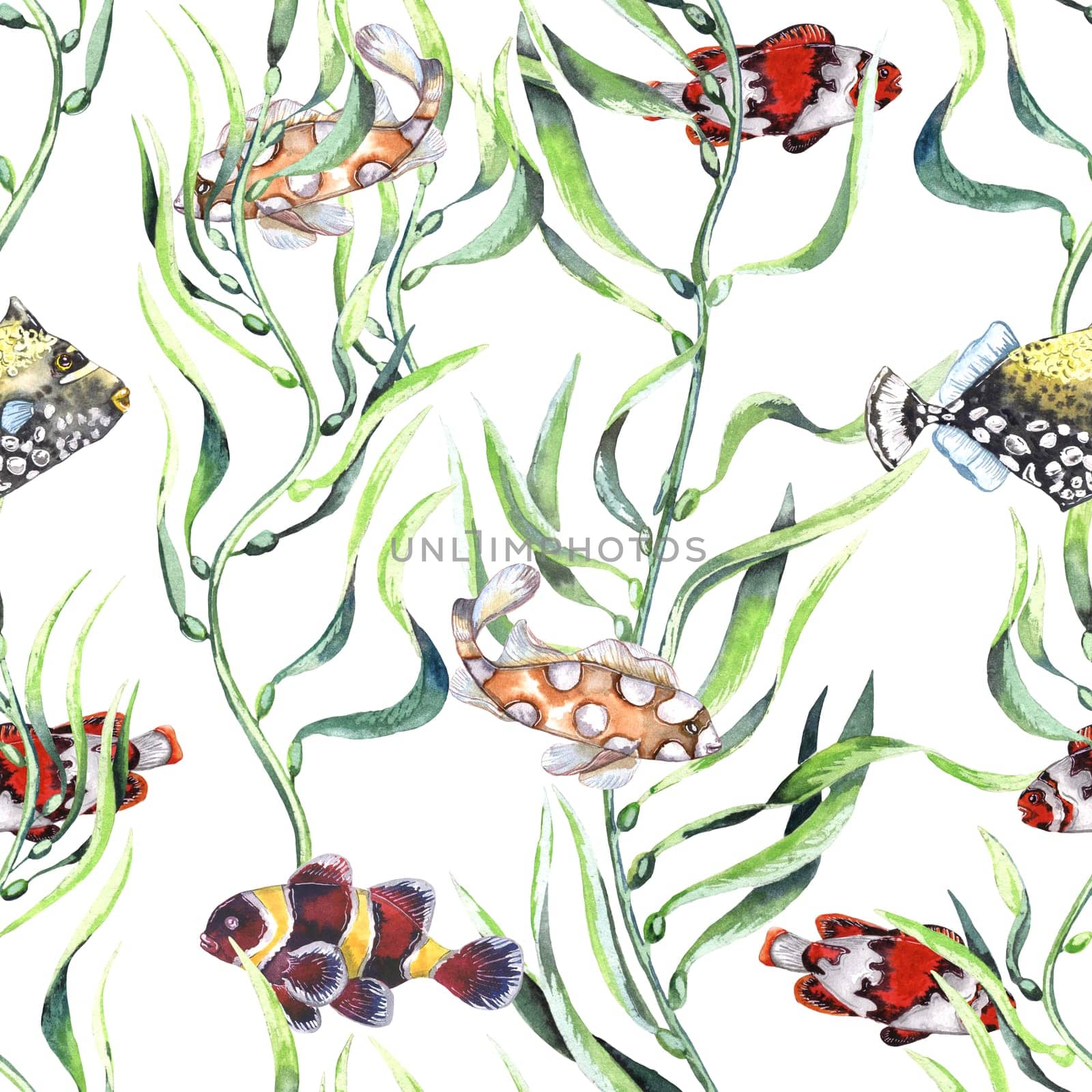 Watercolor stylish seamless pattern with fishes and seaweeds. Hand drawn illustration