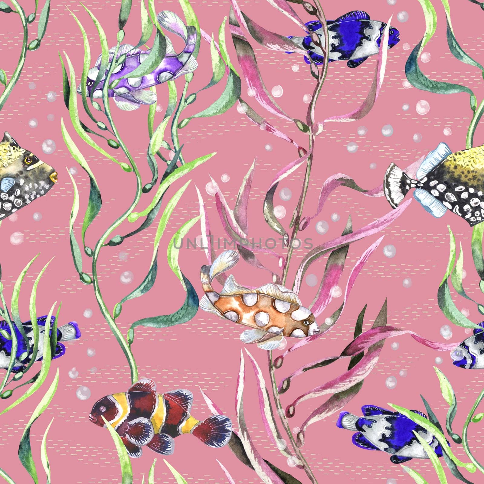 Watercolor different fishes in the seaweeds. Underwater life. Pink background by fireFLYart