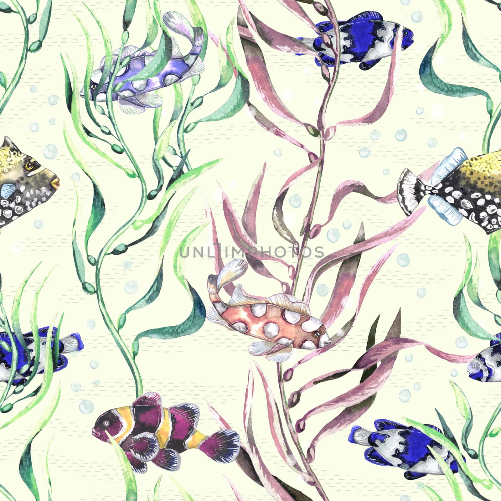 Watercolor stylish seamless pattern with fishes and seaweeds. Hand drawn illustration