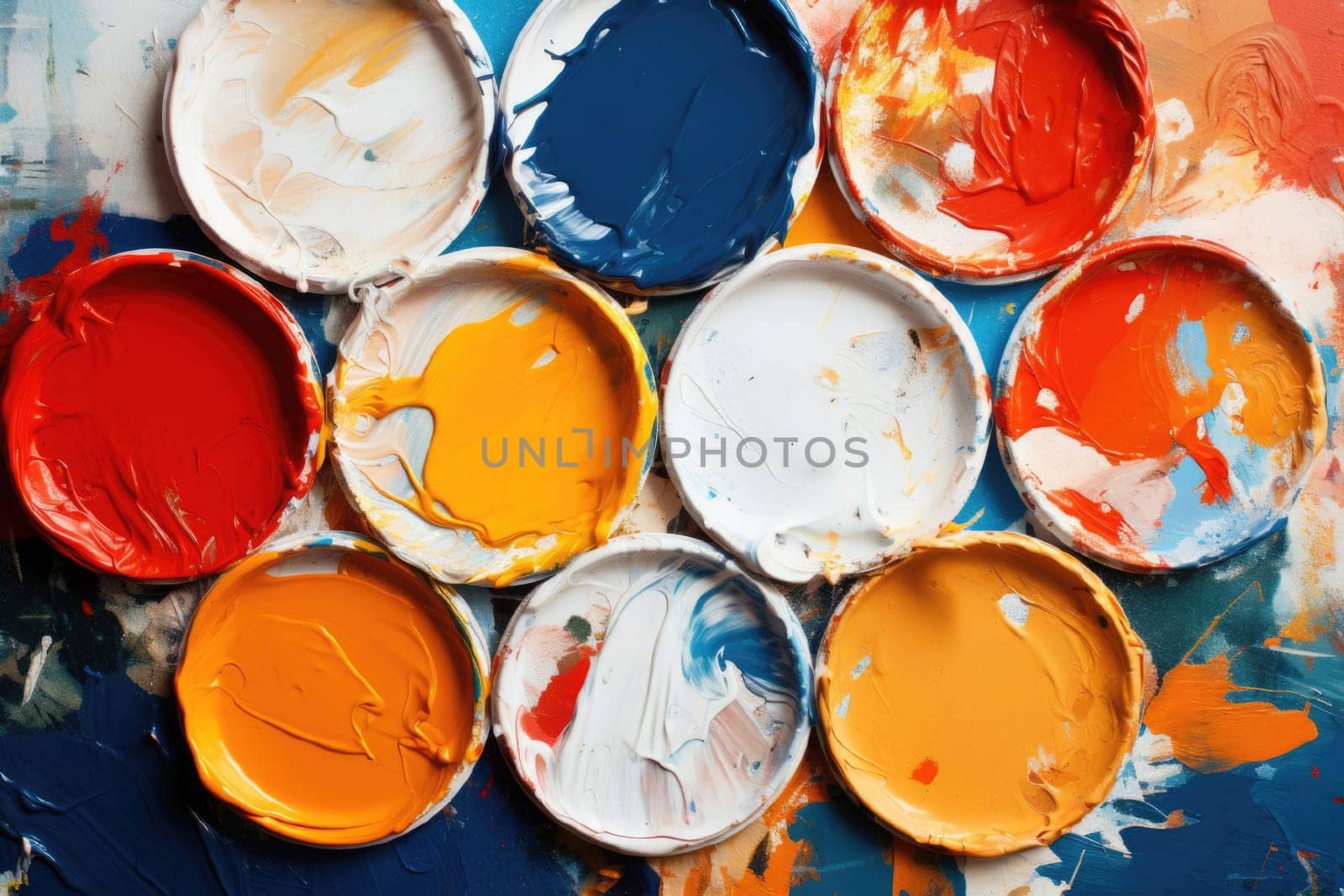 Buckets with multicolor spilled paint