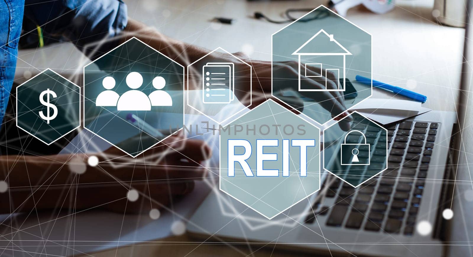 REIT, Real Estate Investment Trust concept, Person hand using smart phone with Real Estate Investment Trust icon on virtual screen. by Andelov13