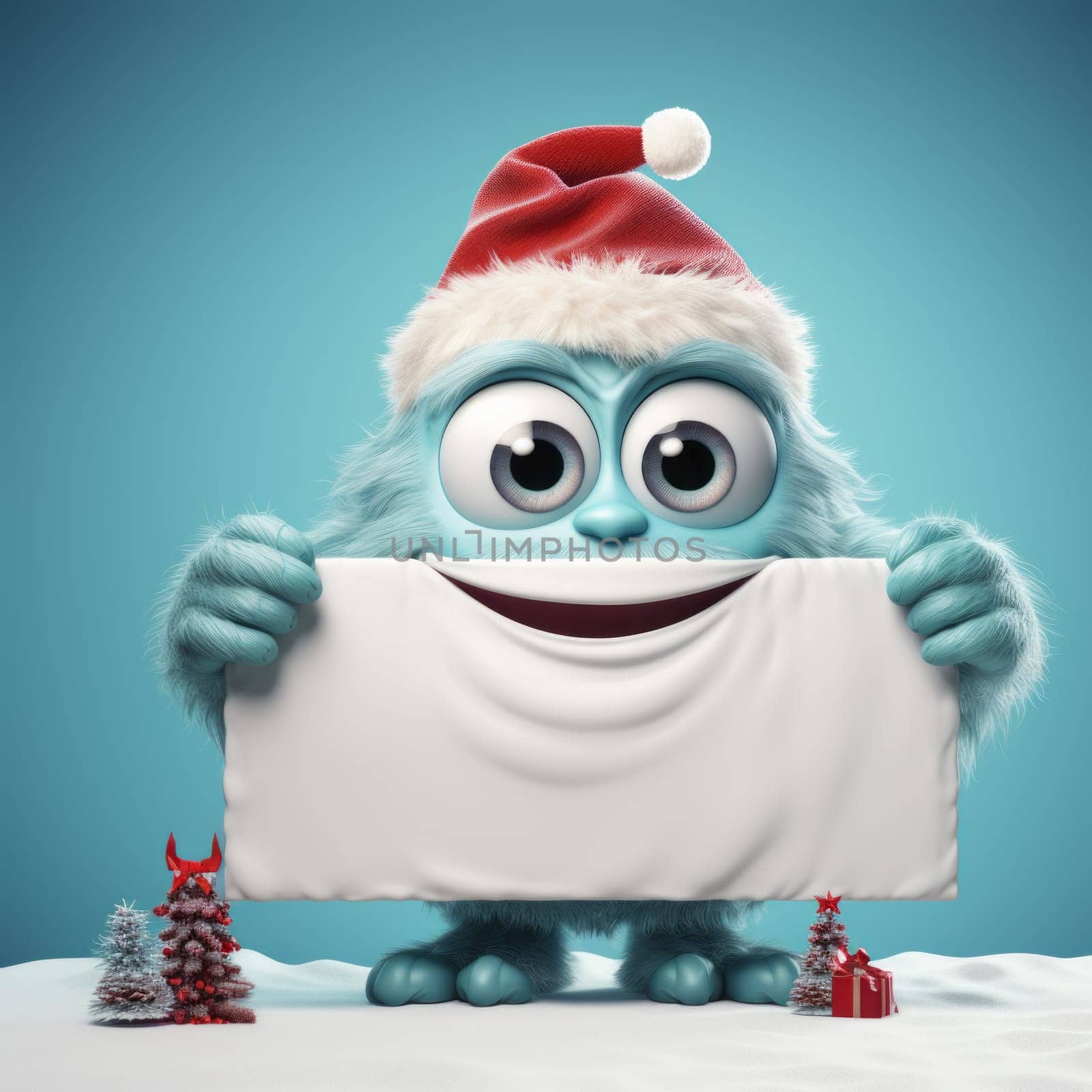 A joyful blue monster wearing a Santa hat, holding a blank white banner, with Christmas trees and a gift in a snowy scene. Mock up