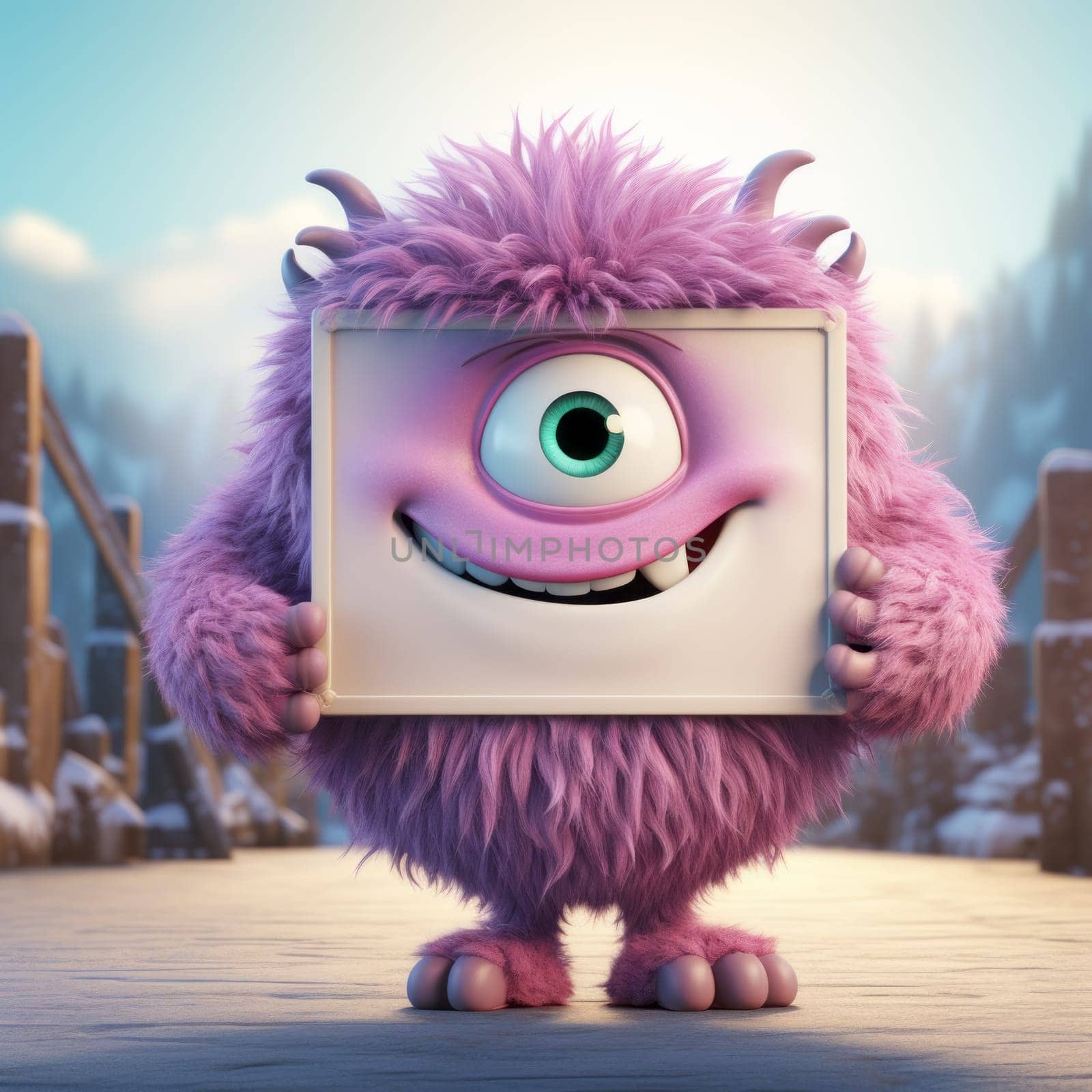 Fluffy purple cartoon monster smiling, holding a blank sign, one large eye by Zakharova