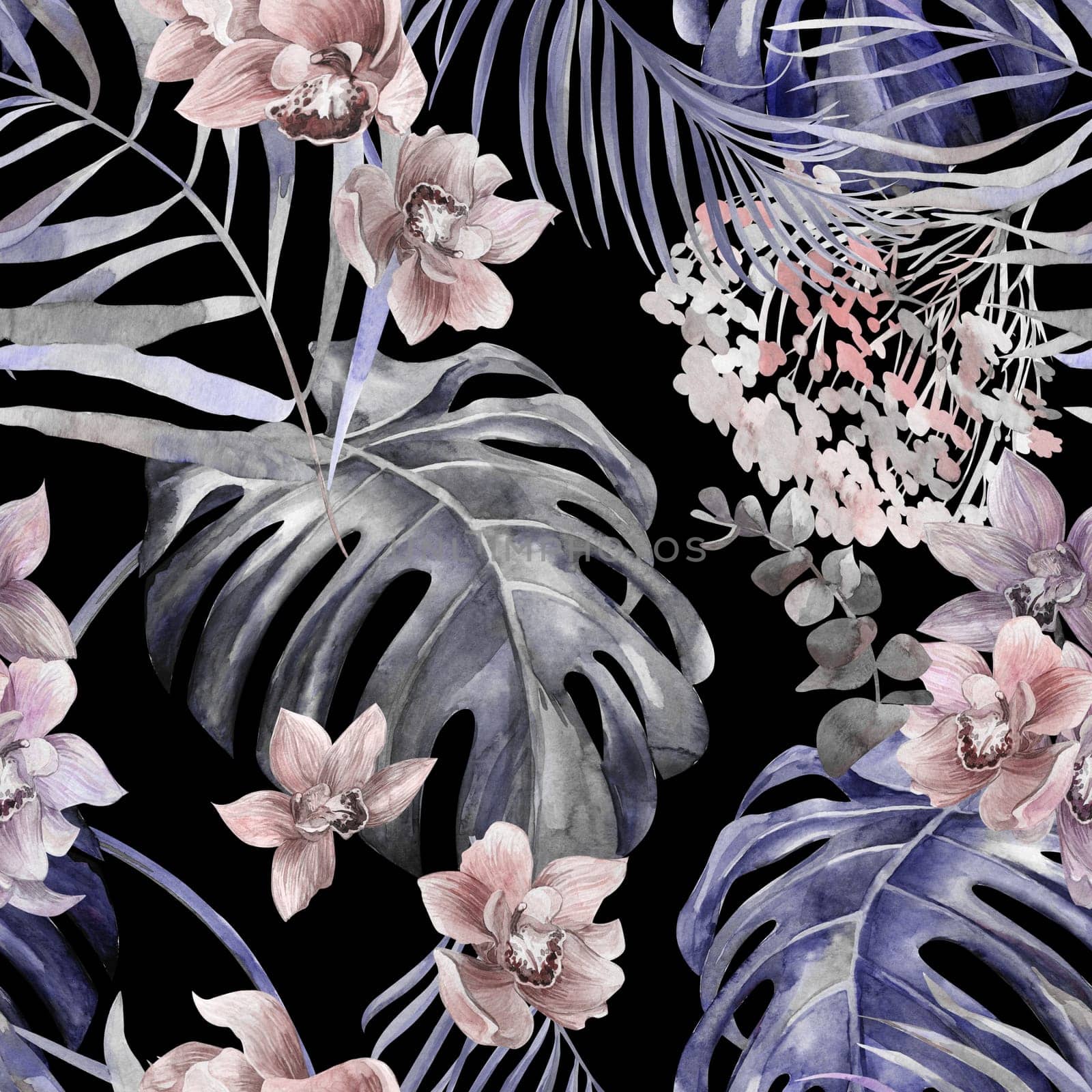 Seamless bright tropical pattern with orchid flowers and monstera leaves. Botanical pattern for textile and surface design