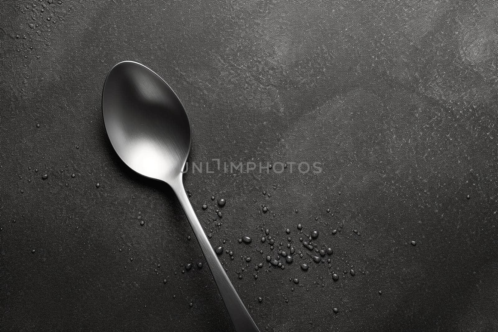 A spoon with scattered grains on a dark textured background. Minimalistic kitchen concept.