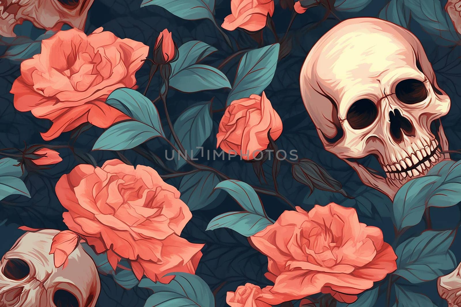 Gothic Floral pattern: Blooming Roses Amidst Dark Skull