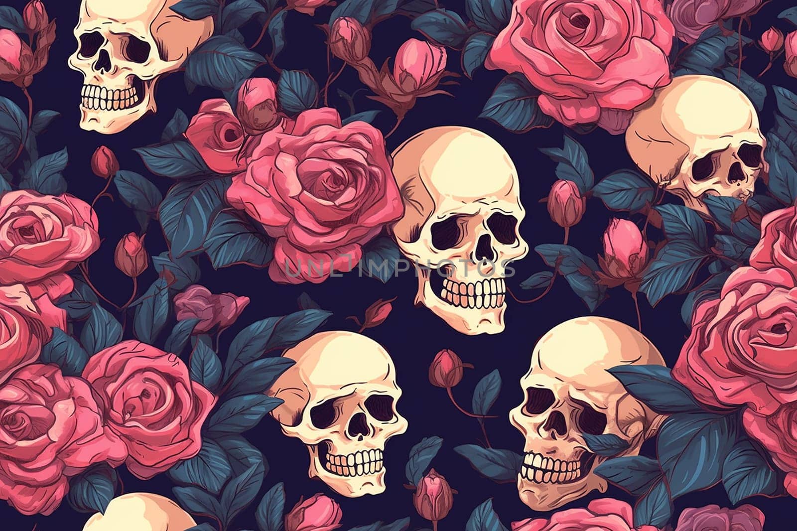 Gothic Floral pattern: Blooming Roses Amidst Dark Skull