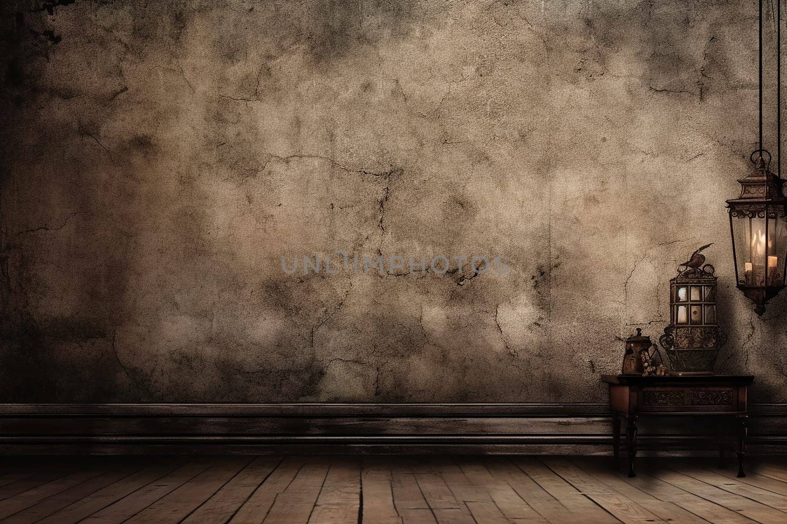 Antique wall with a cracked grunge background and vintage lantern, old and vintage photo