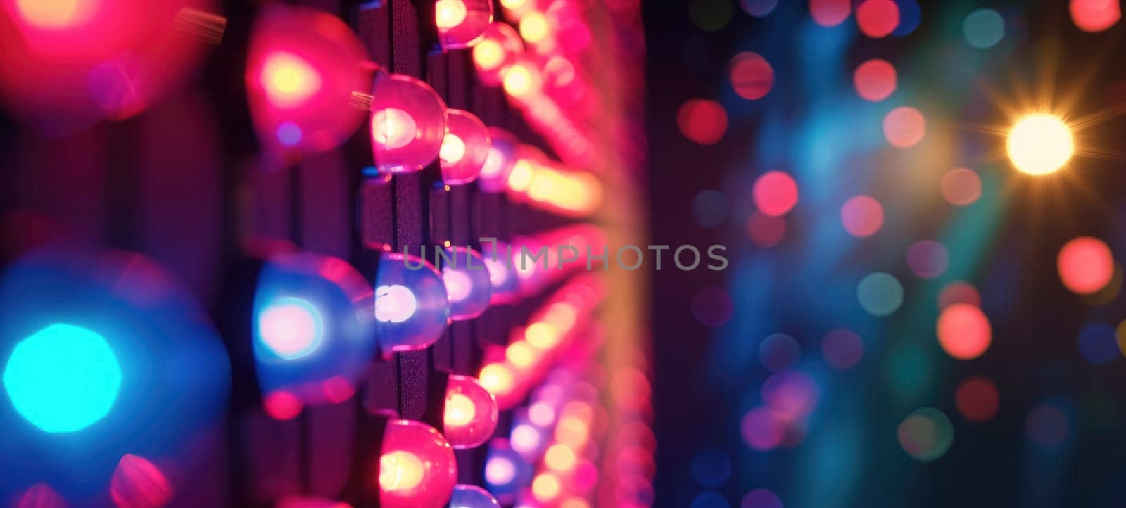 Disco style background with neon blue and purple lights, bokeh by andreyz