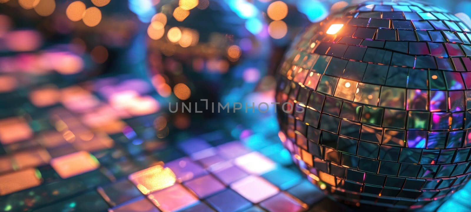 Disco style background with neon blue and purple lights, bokeh by andreyz