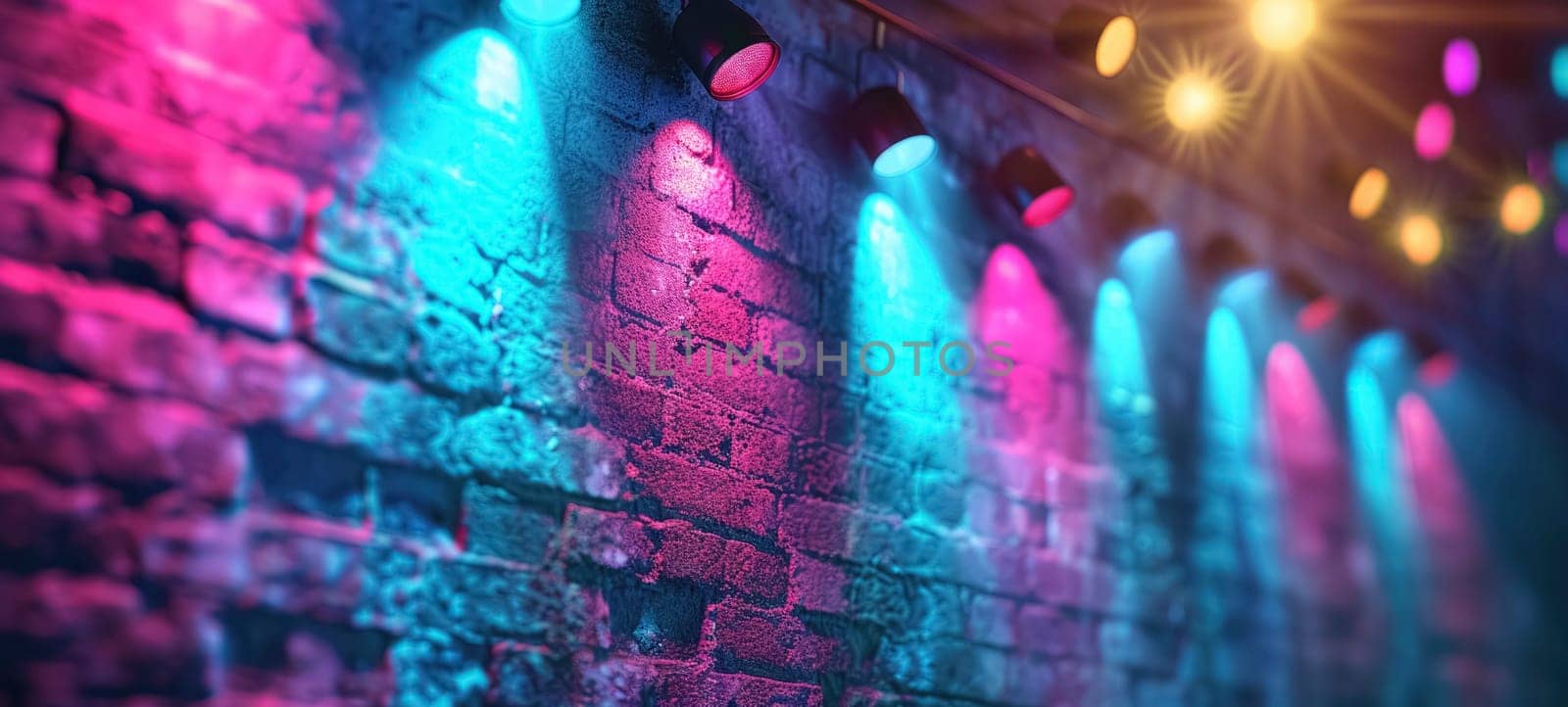 Disco style background with brick wall with neon blue, purple and yellow lights, bokeh.