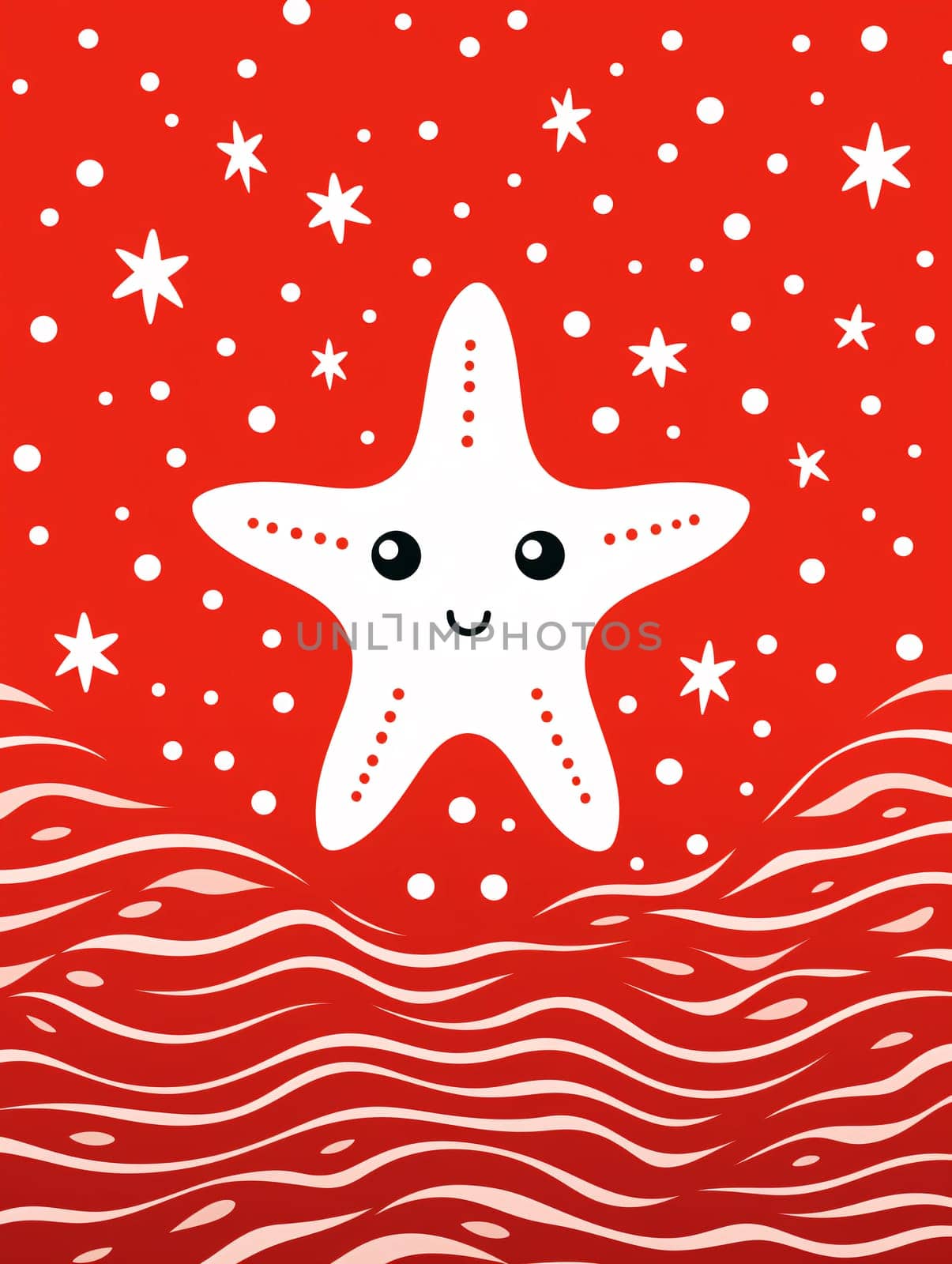 A cute white and red cartoon starfish on vibrant background - Generative AI