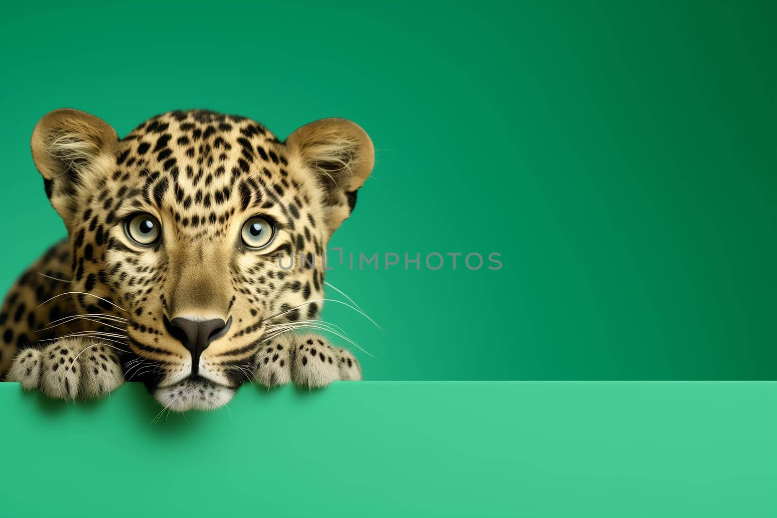 Leopard portrait isolated on green background. Banner with a leopard and copy space by esvetleishaya