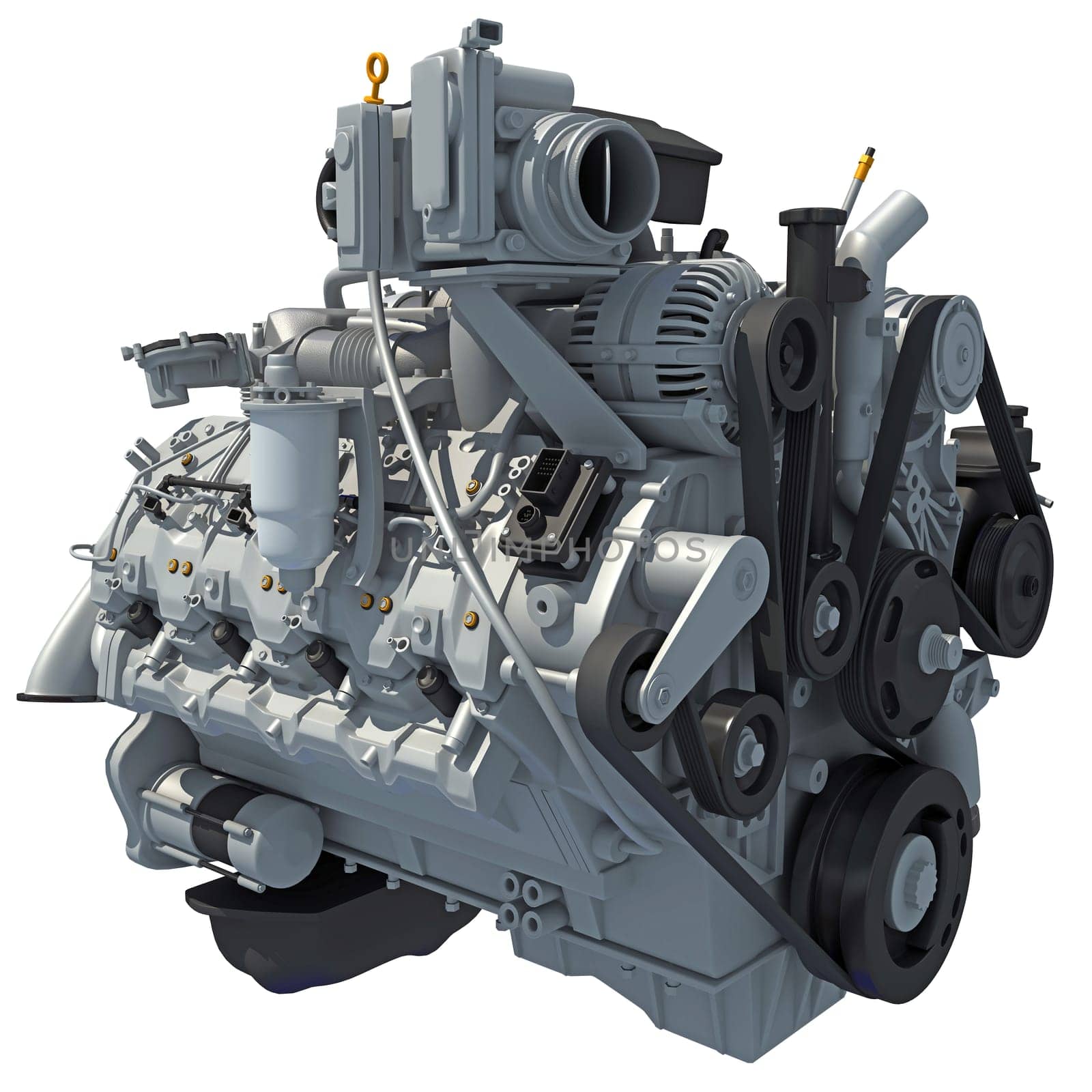 V8 Car Engine 3D rendering model on white background