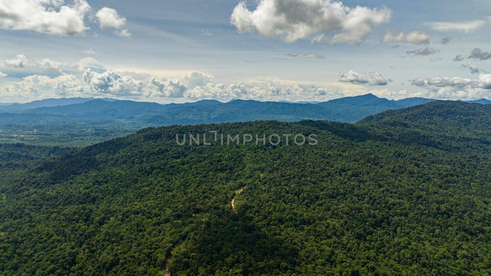 Aerial view of tropical mountain range and mountain slopes with rainforest. Borneo, Malaysia.