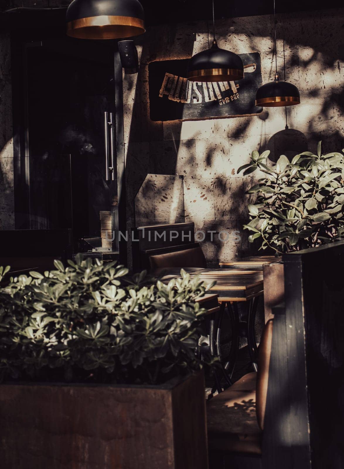 Street view with beautiful cafe terrace during the morning light concept photo. One of the streets of Yerevan. Magic country Armenia. District scene. High quality picture for magazine, article