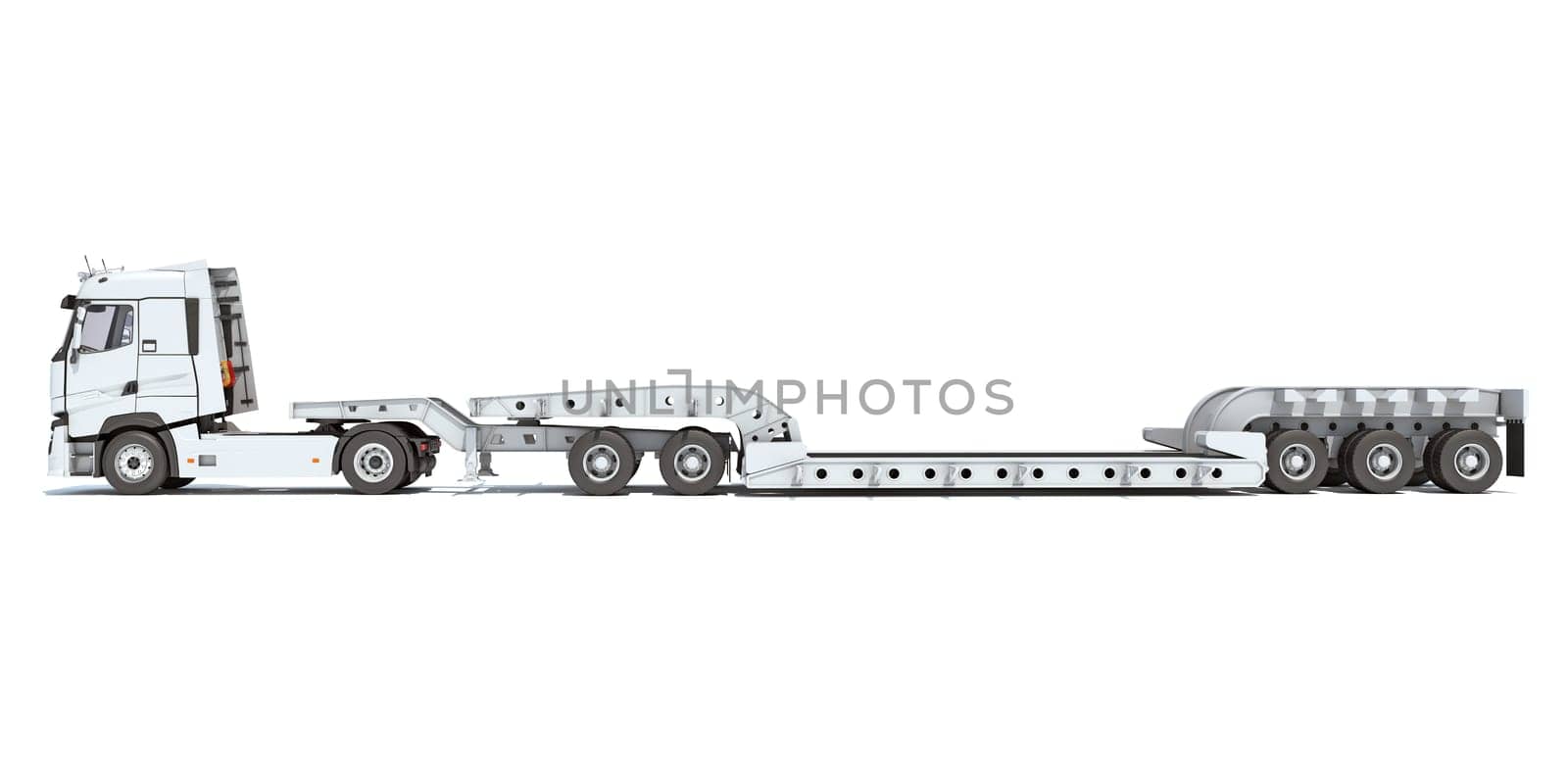White Truck with Lowboy Trailer 3D rendering model
