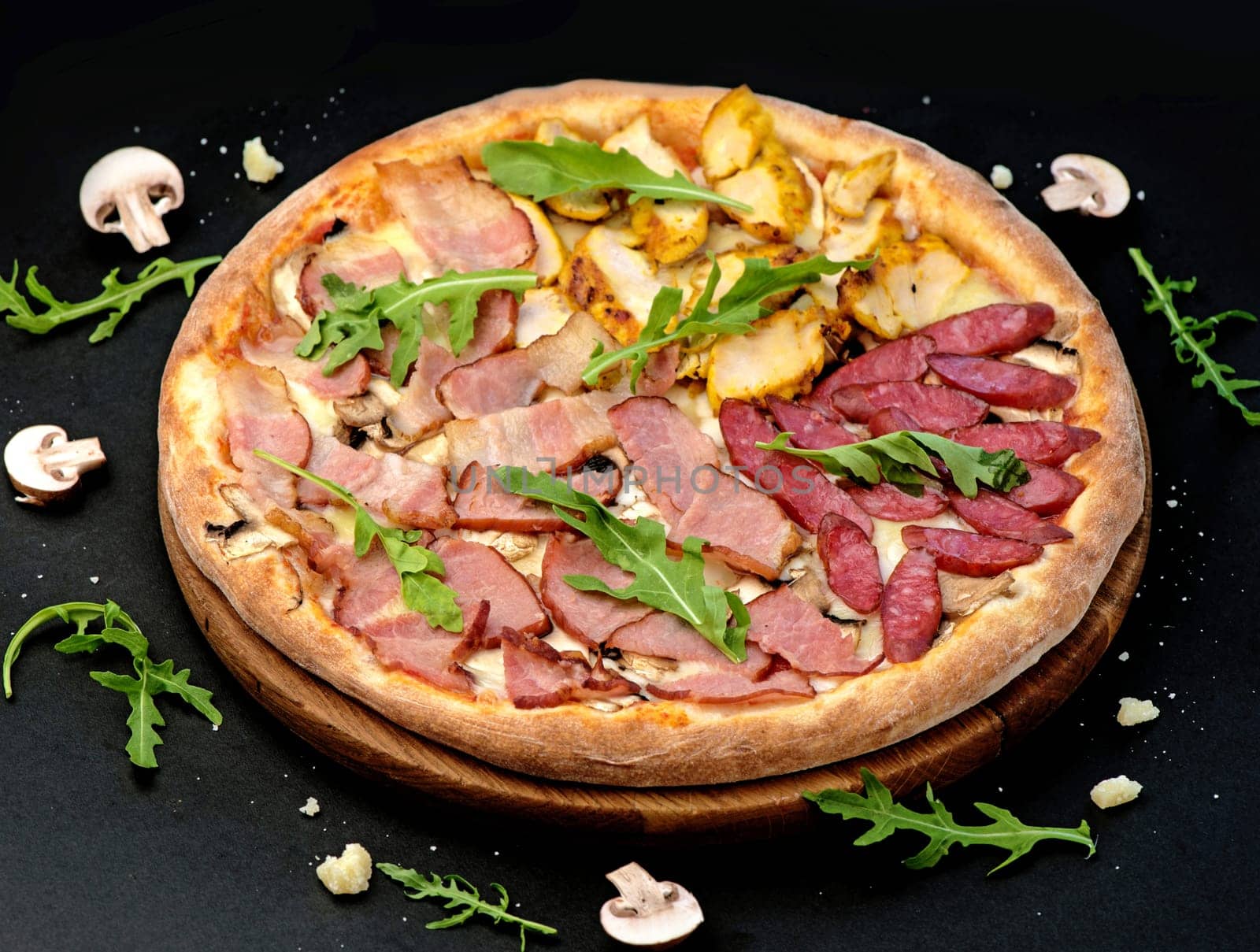 Delicious pizza with meat and cheese