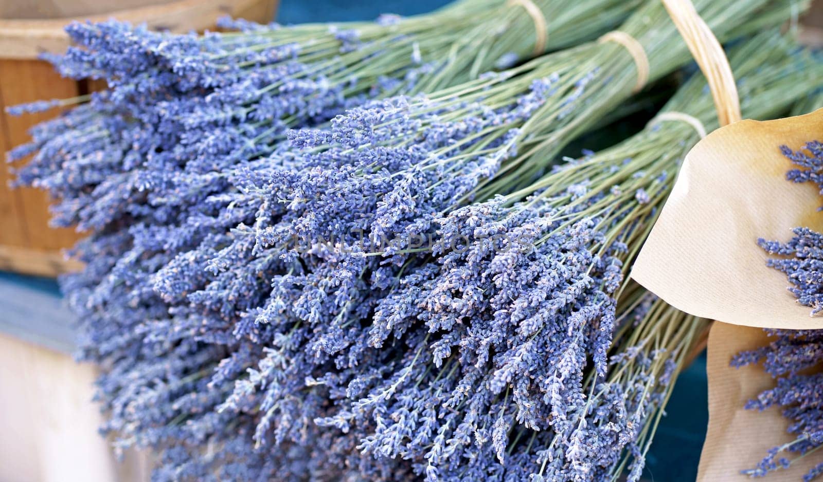 France Nice market. Dry lavender for sale. Light purple colour. Pattern of small natural violet elements. Aromatic mediterranean product. Colorful image. by aprilphoto
