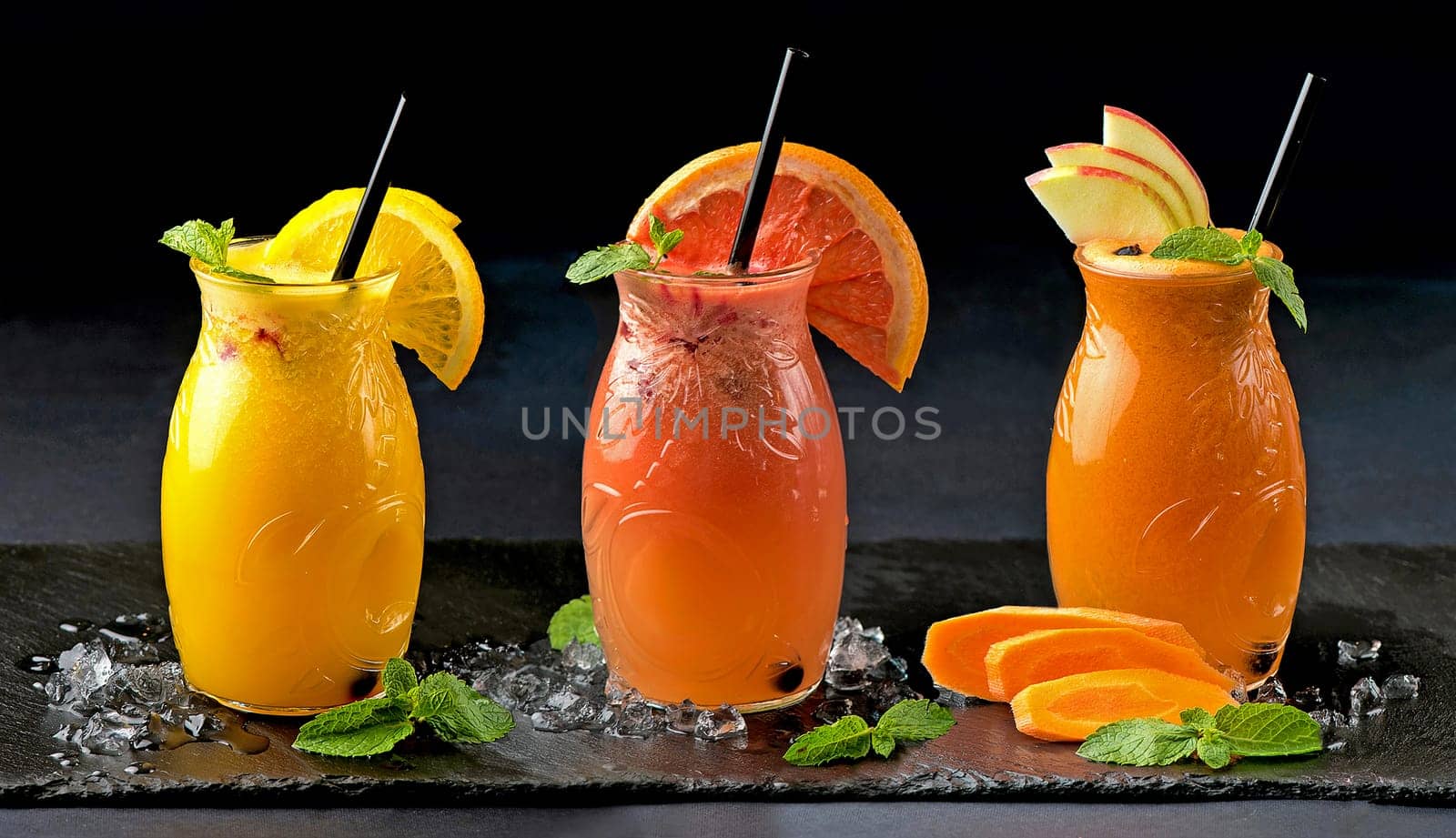 Glass jars with freshly squeezed juice. Apple, carrot, orange and grapefruit juice on a black background.