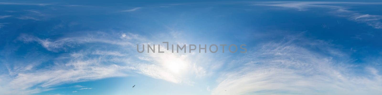 Blue summer sky panorama with Cirrus clouds. Seamless hdr spherical 360 panorama. Sky dome in 3D visualization, sky replacement for aerial drone 360 panoramas. Climate and weather change. by panophotograph