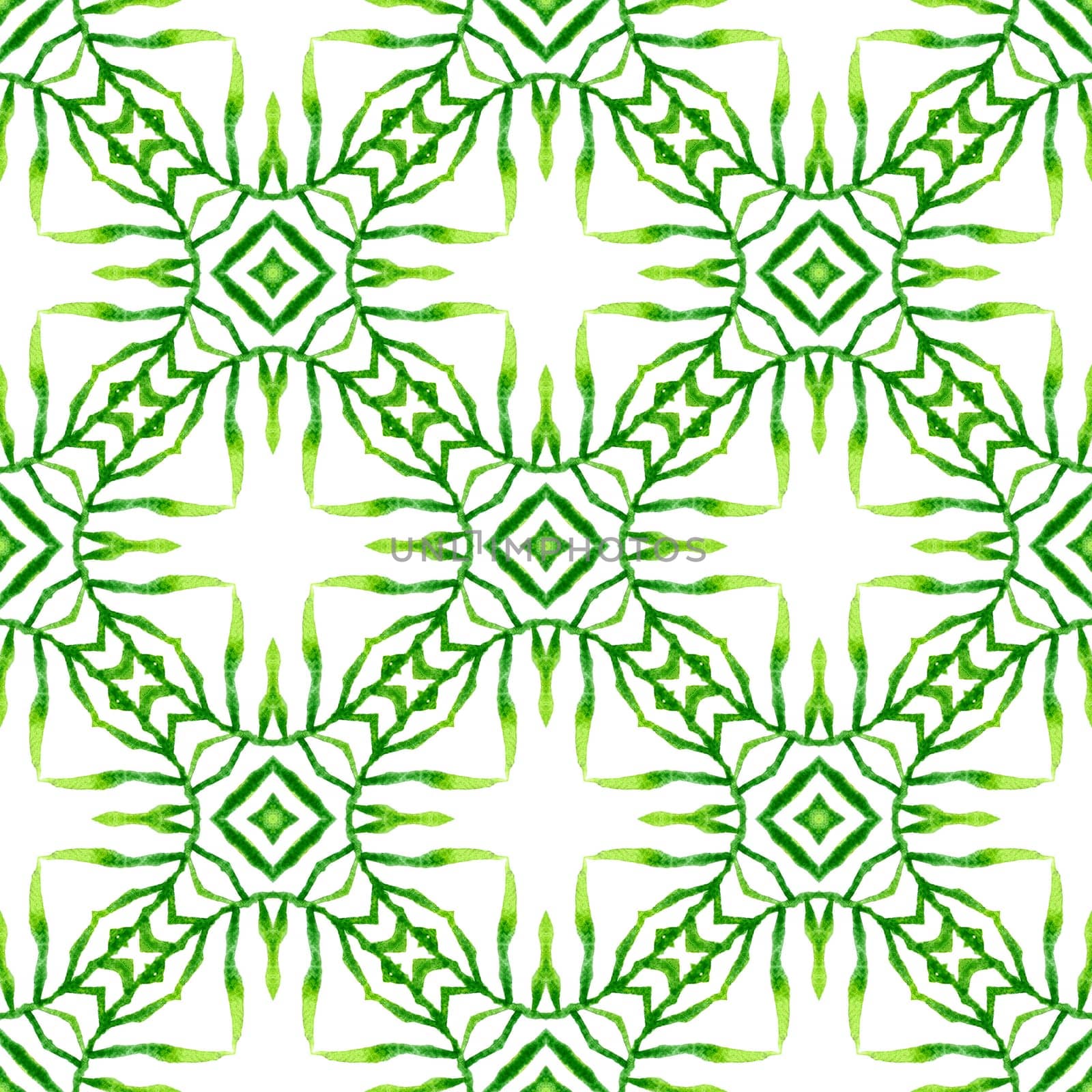 Ikat repeating swimwear design. Green mesmeric boho chic summer design. Textile ready cool print, swimwear fabric, wallpaper, wrapping. Watercolor ikat repeating tile border.