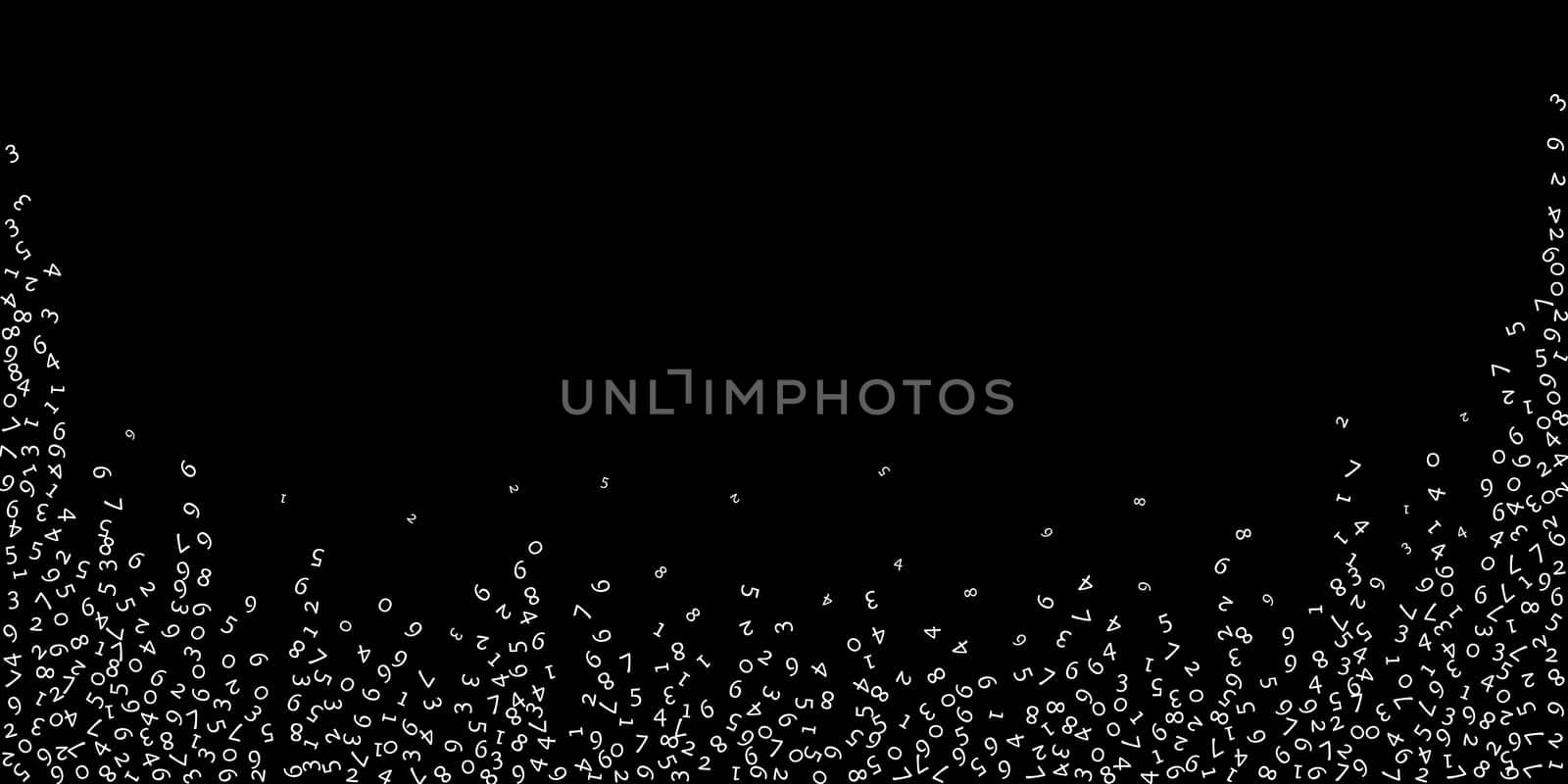 Falling numbers, big data concept. Binary white random flying digits. Marvelous futuristic banner on black background. Digital illustration with falling numbers.