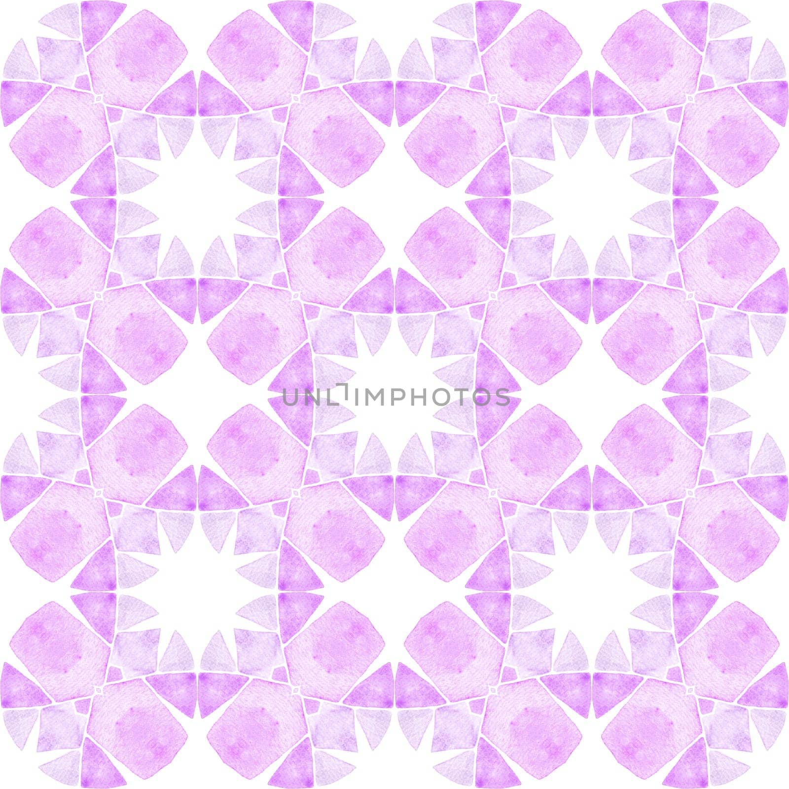 Textile ready immaculate print, swimwear fabric, wallpaper, wrapping. Purple symmetrical boho chic summer design. Green geometric chevron watercolor border. Chevron watercolor pattern.