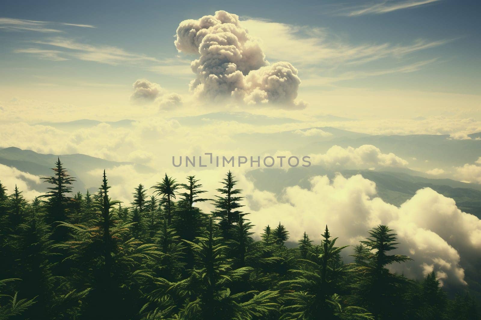 Beautiful view from above of a coniferous forest and sky with clouds. Generated by artificial intelligence by Vovmar