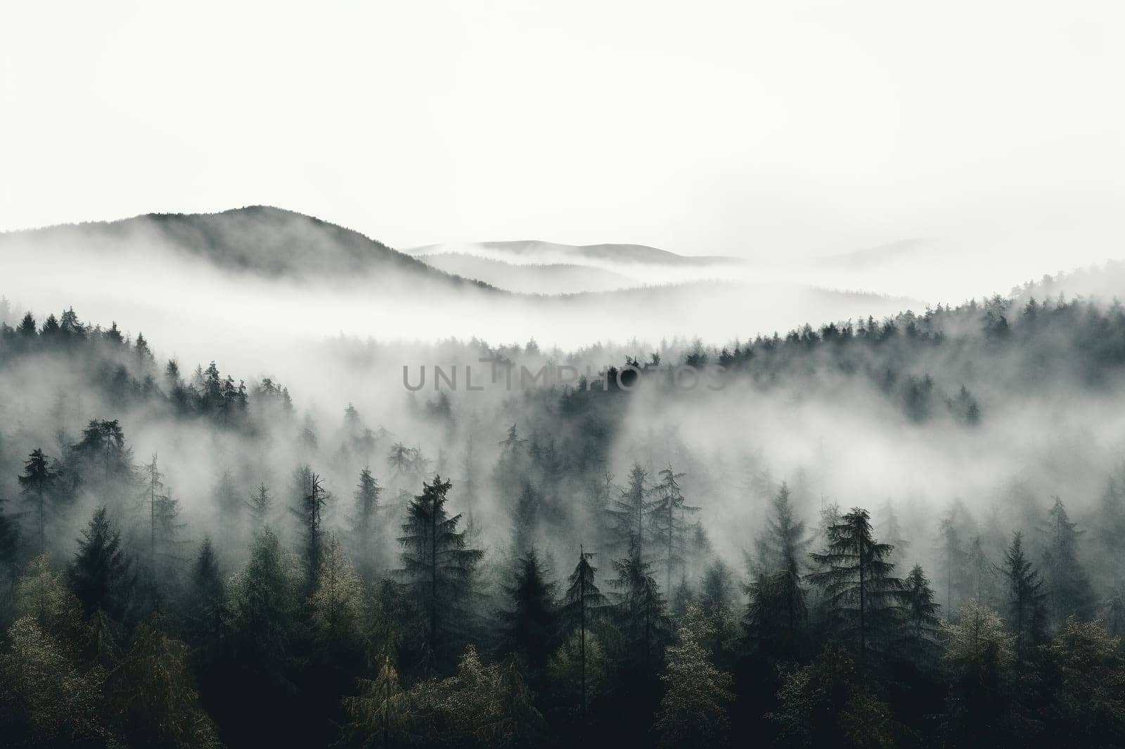 Top view of a misty mythical forest. Generated by artificial intelligence by Vovmar
