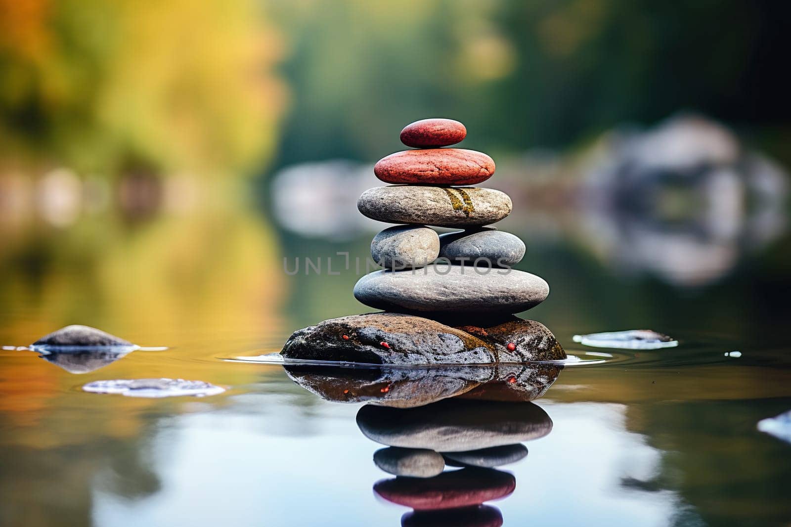 Smooth oval stones stacked on the water, blurred natural background. Generative AI by Vovmar