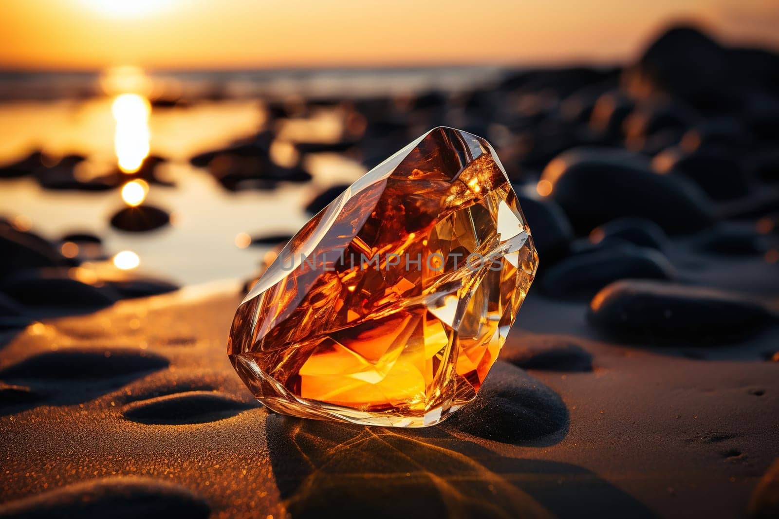 Large amber stone on the sand in the rays of sunset.