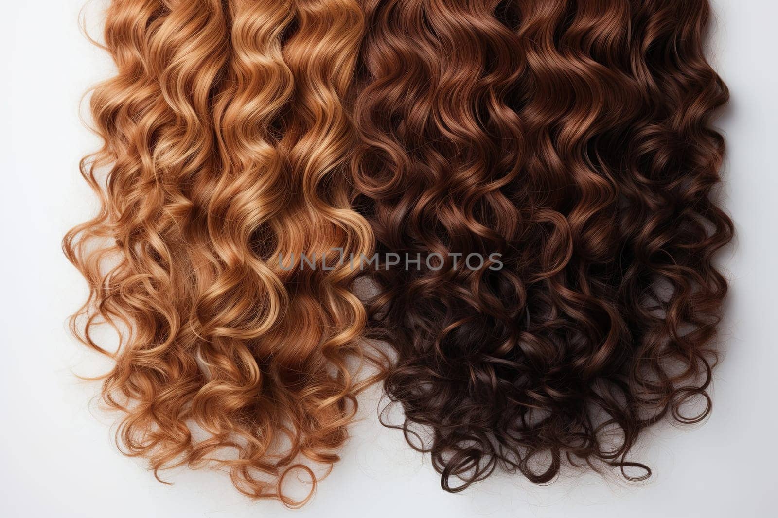Curly curls of a blonde and a brunette on a white background. Hair coloring. Hairdressing treatments. Generated by artificial intelligence by Vovmar