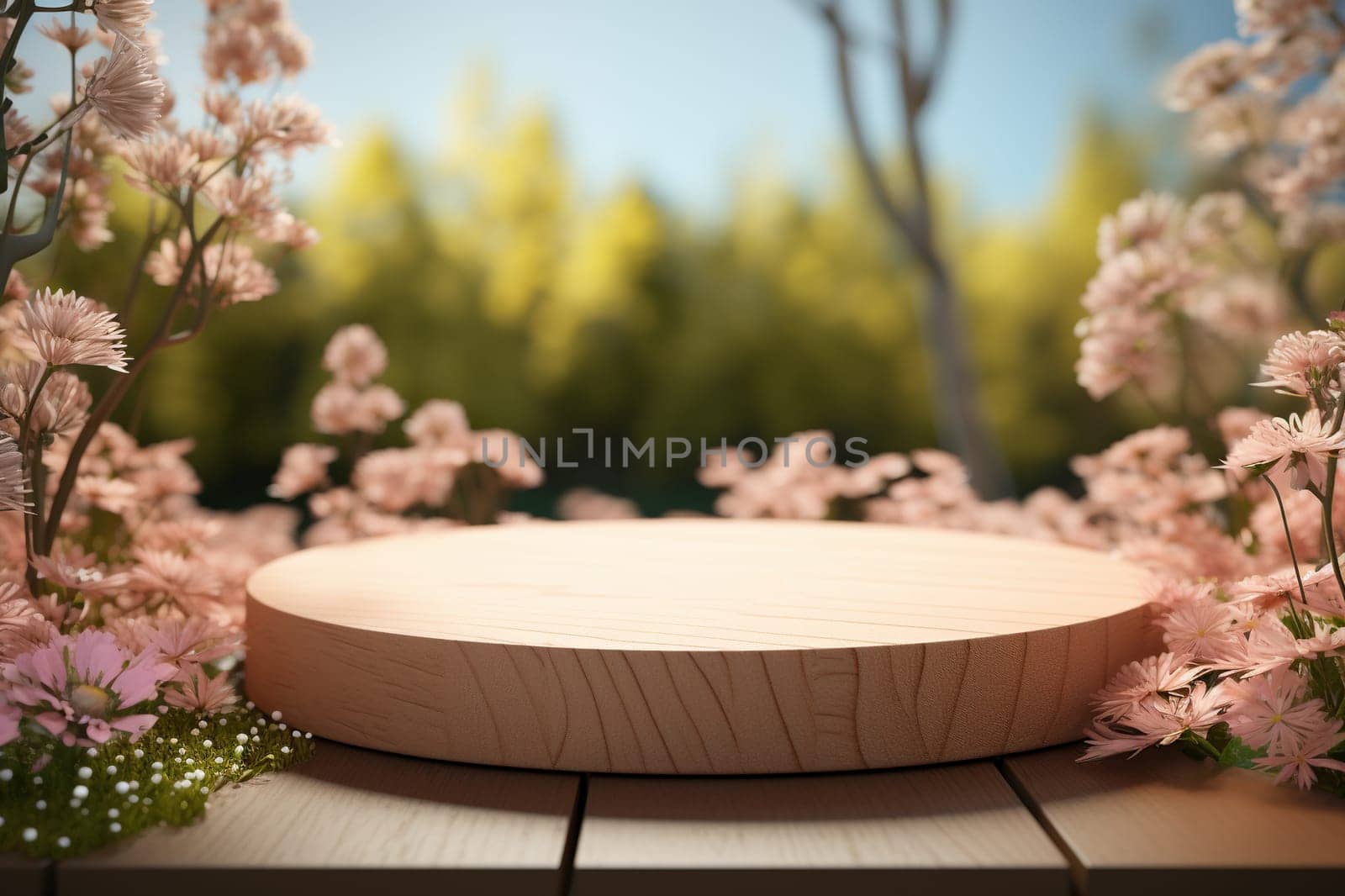 Wooden podium in nature with flowers. Blurred nature background. Stand for placing natural products. Generated by artificial intelligence by Vovmar