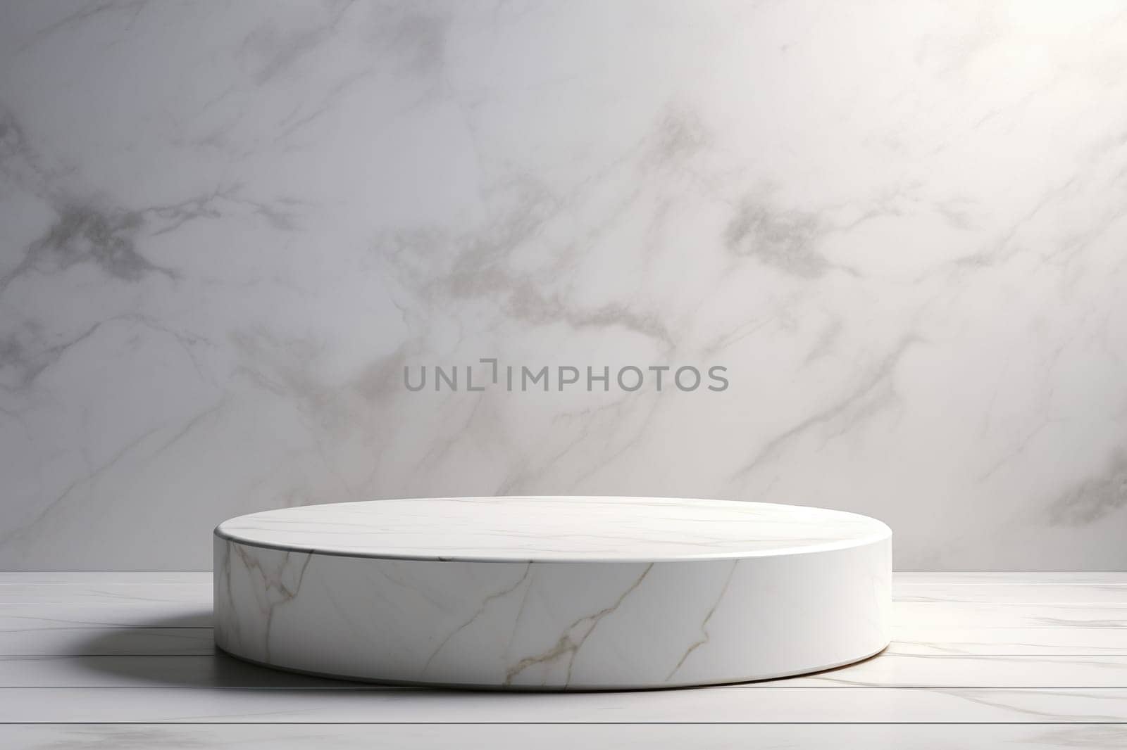 Marble podium for displaying products on a marble surface. Trendy neutral aesthetic layout template for beauty and cosmetics scene.