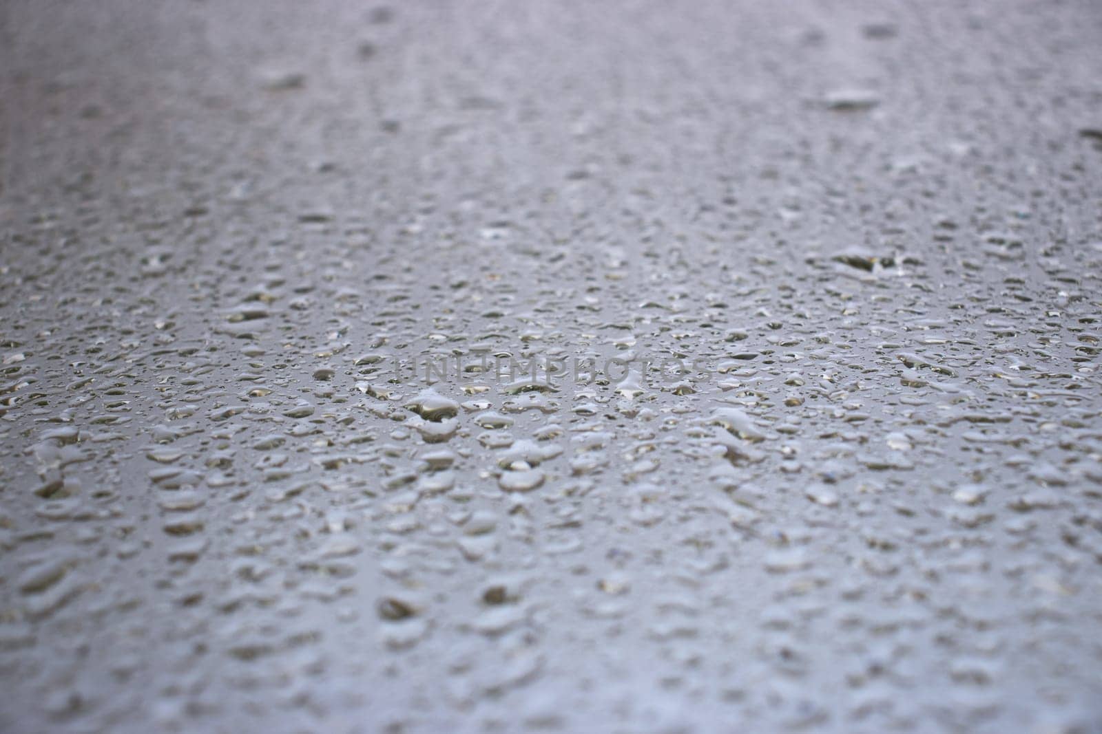 Close-up view on water drops on window in rain. Drops of rain on the glass concept photo. Front view photography with blurred background. High quality picture