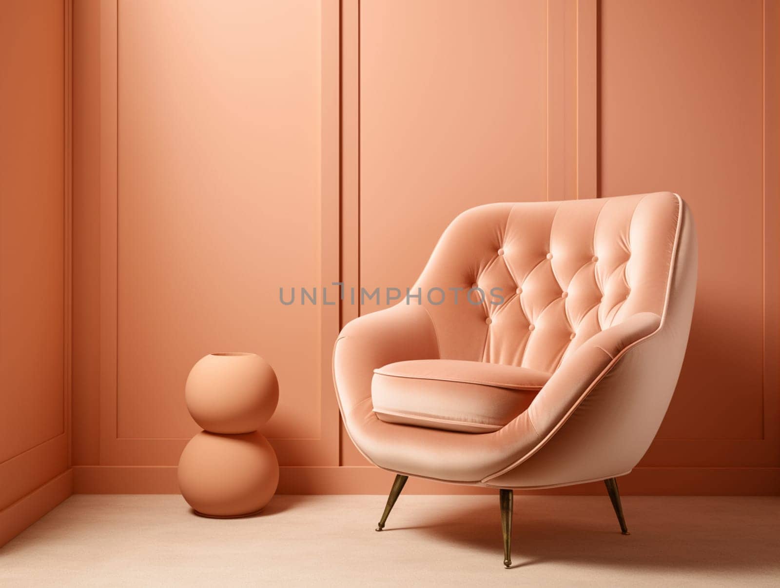 A soft peach-colored chair against a wall with sunlight from the window by kizuneko