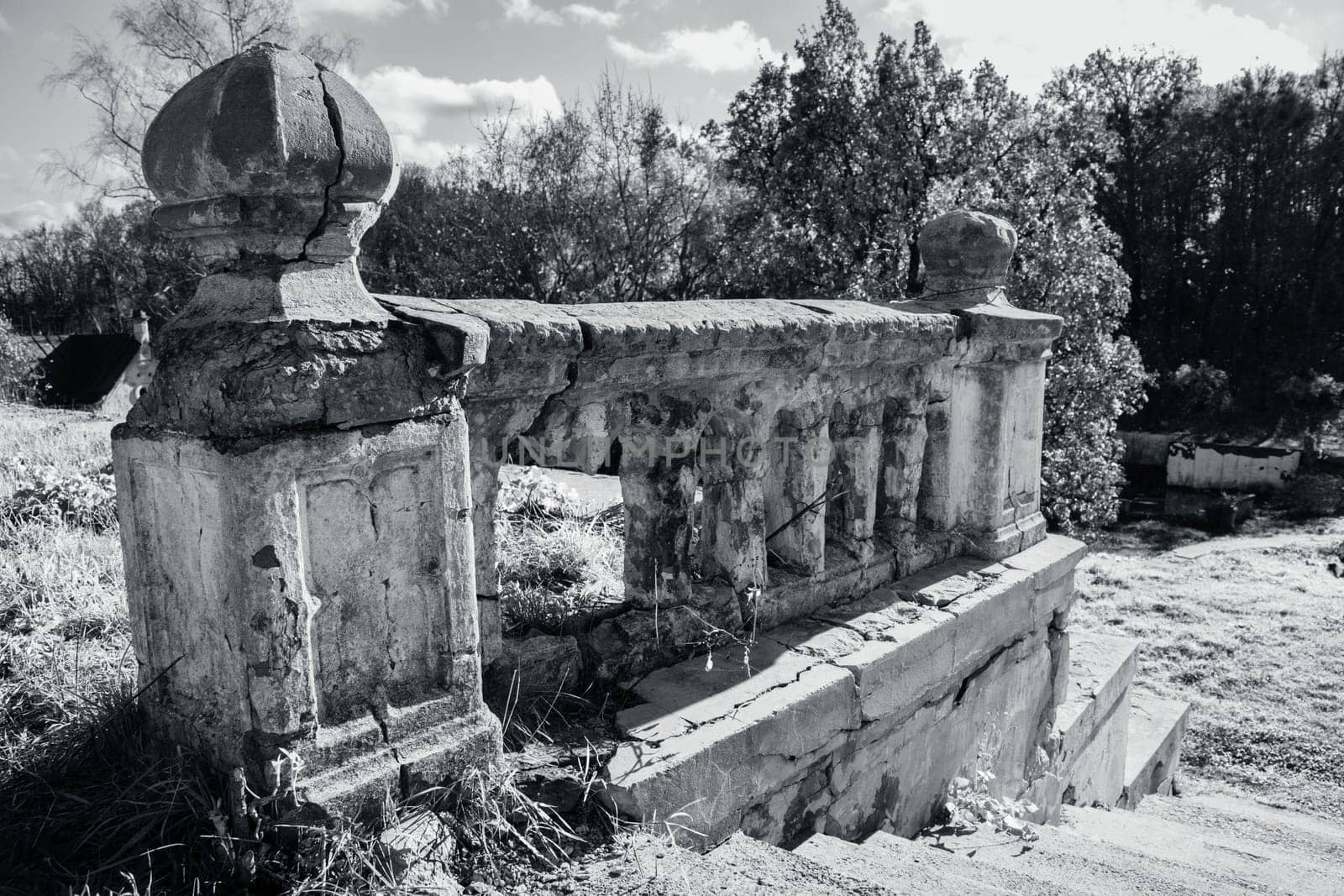 Ancient parapet and staircase concept photo. Castle ruins terrace view. Ruined ancient palace in Ukraine. by _Nataly_Nati_