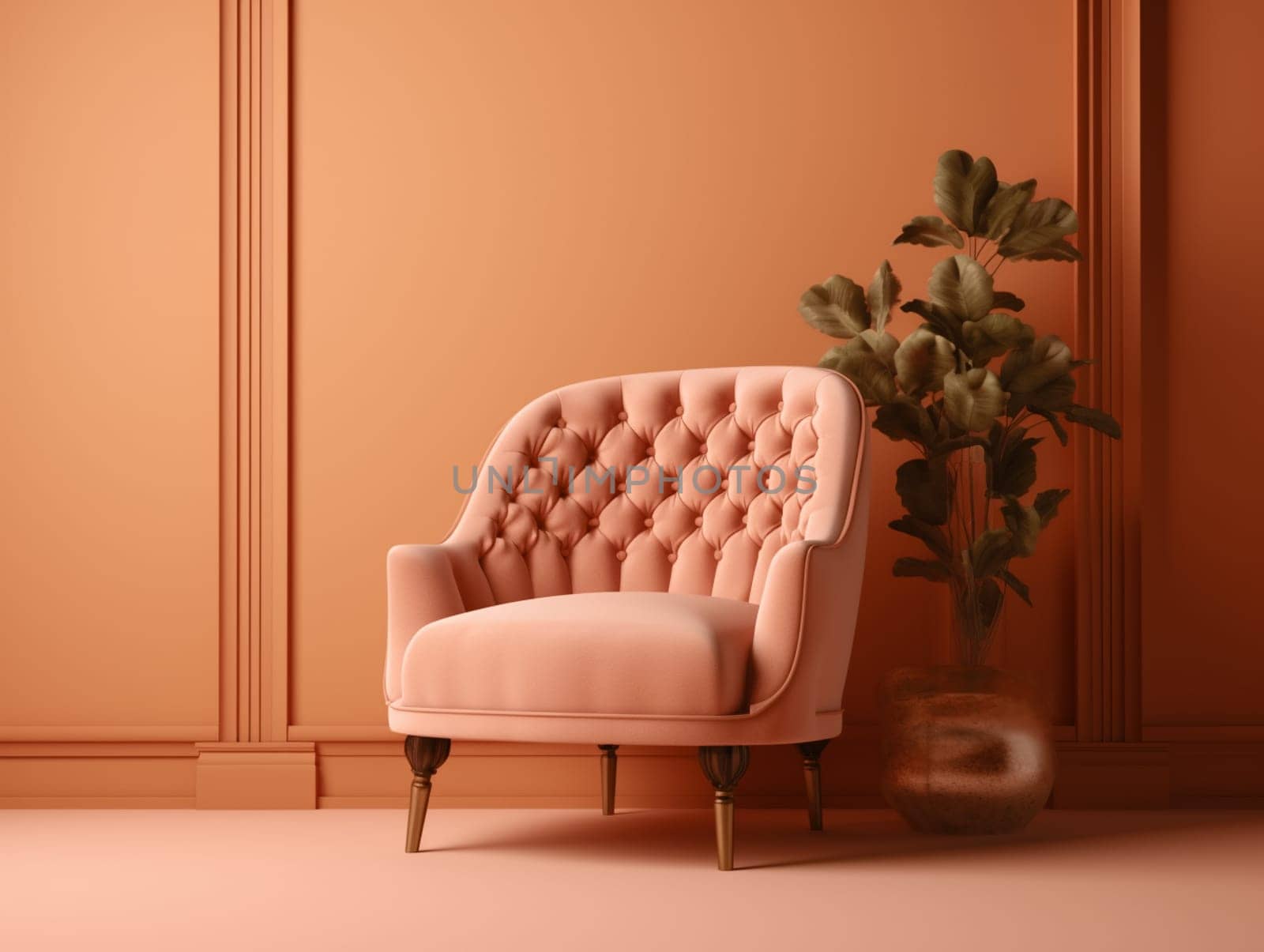 A soft peach-colored chair against a wall with sunlight from the window. High quality photo