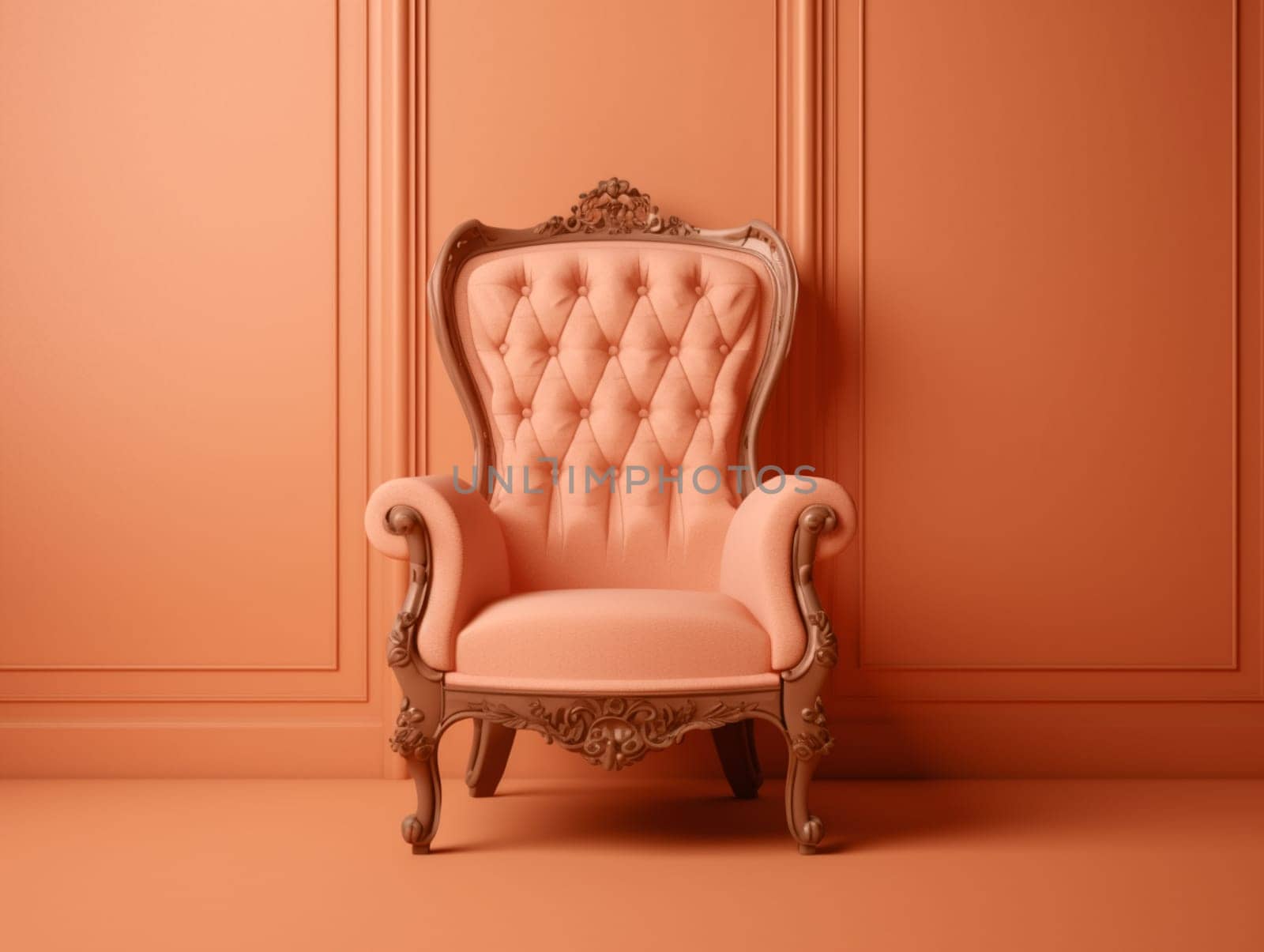 A soft peach-colored chair against a wall with sunlight from the window. High quality photo