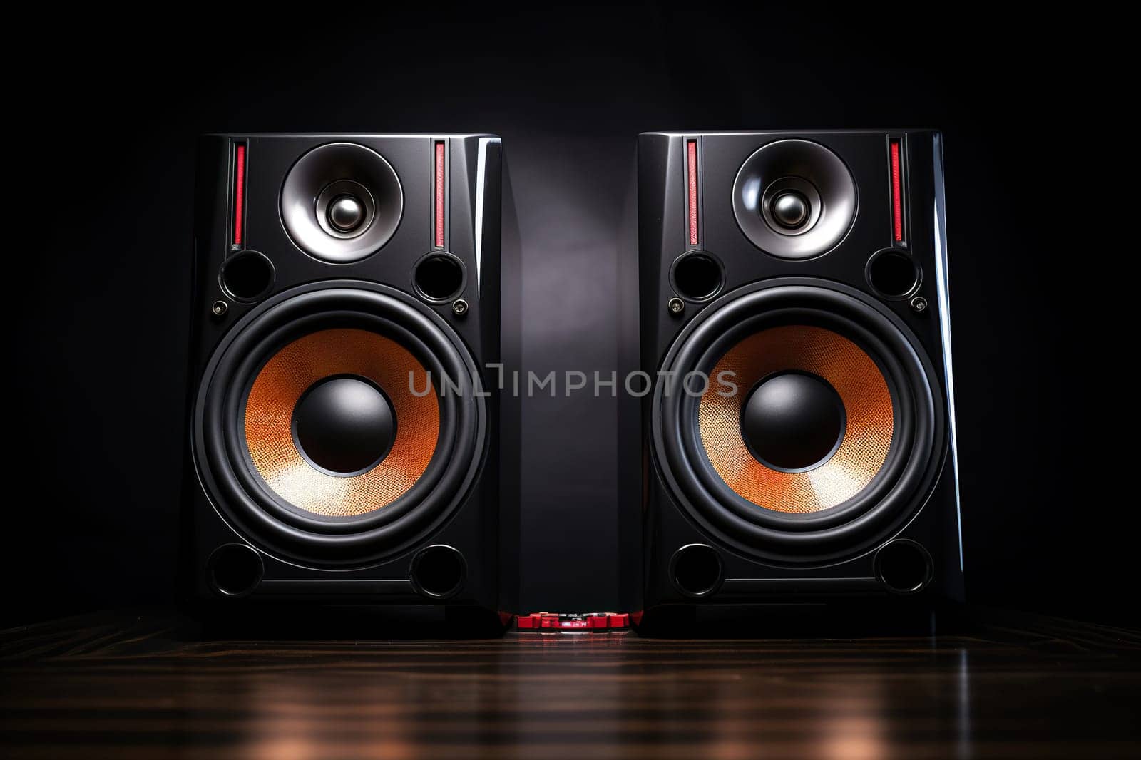 Multimedia acoustic speakers in the dark. Sound audio system.