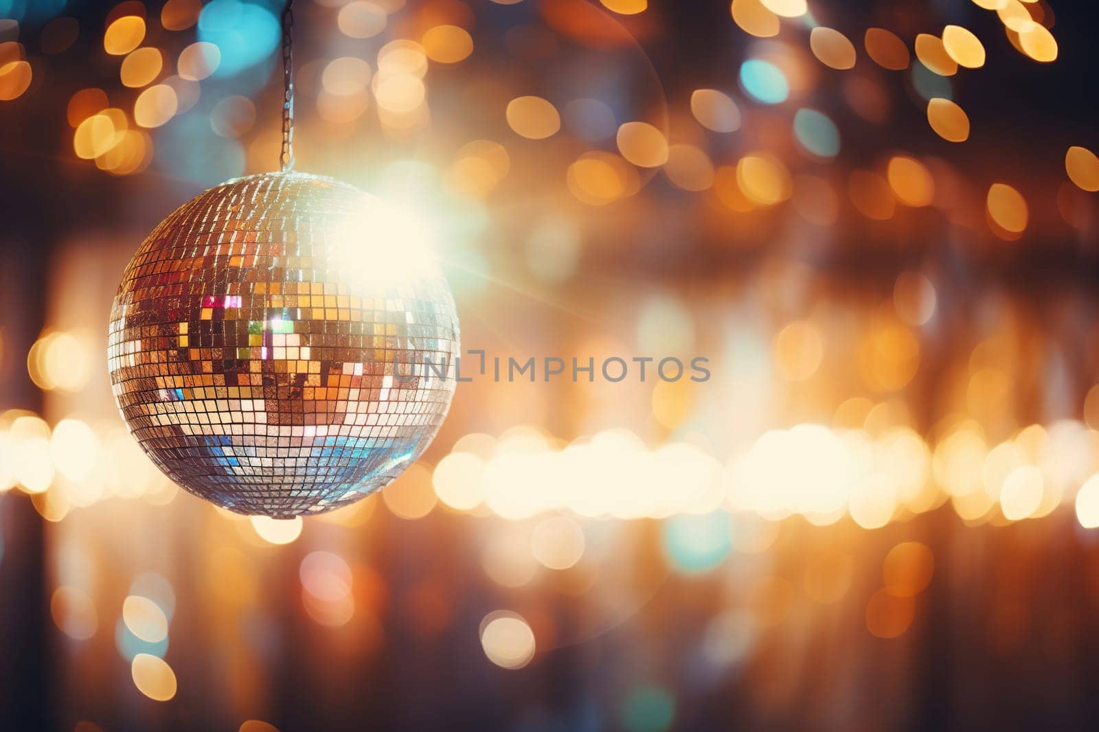 Shiny disco ball on a golden bokeh background.