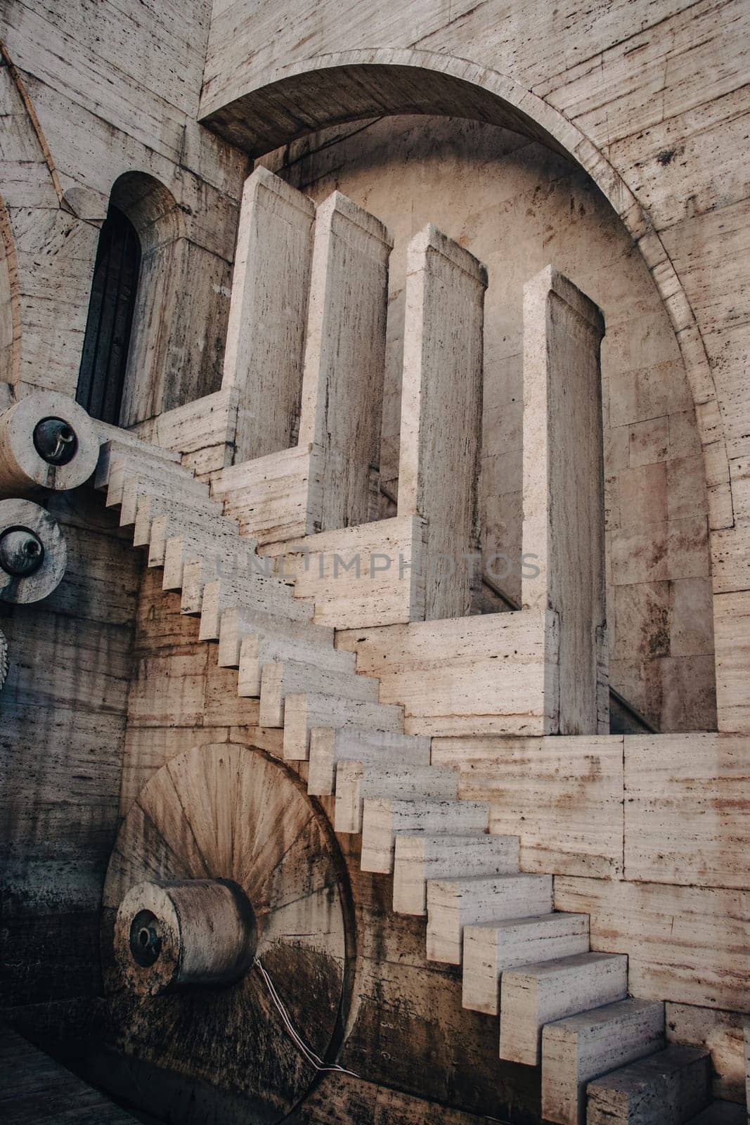 Carved steps staircase side view in modern architecture concept photo. Yerevan cascade giant stairway architecture. One of the sightseeing of caucasus city. High quality picture for wallpaper, travel blog
