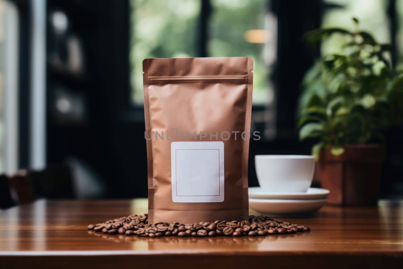Blank brown Kraft paper bag with coffee beans on wooden background. Packaging template mockup. AI Generated