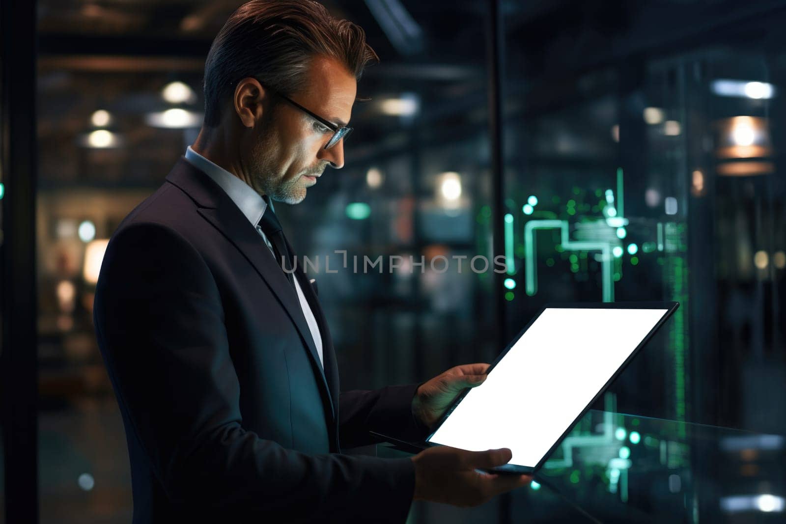 Smiling mature businessman professional executive manager looking away thinking working on tech device. Businessman working on tablet using AI. AI Generated