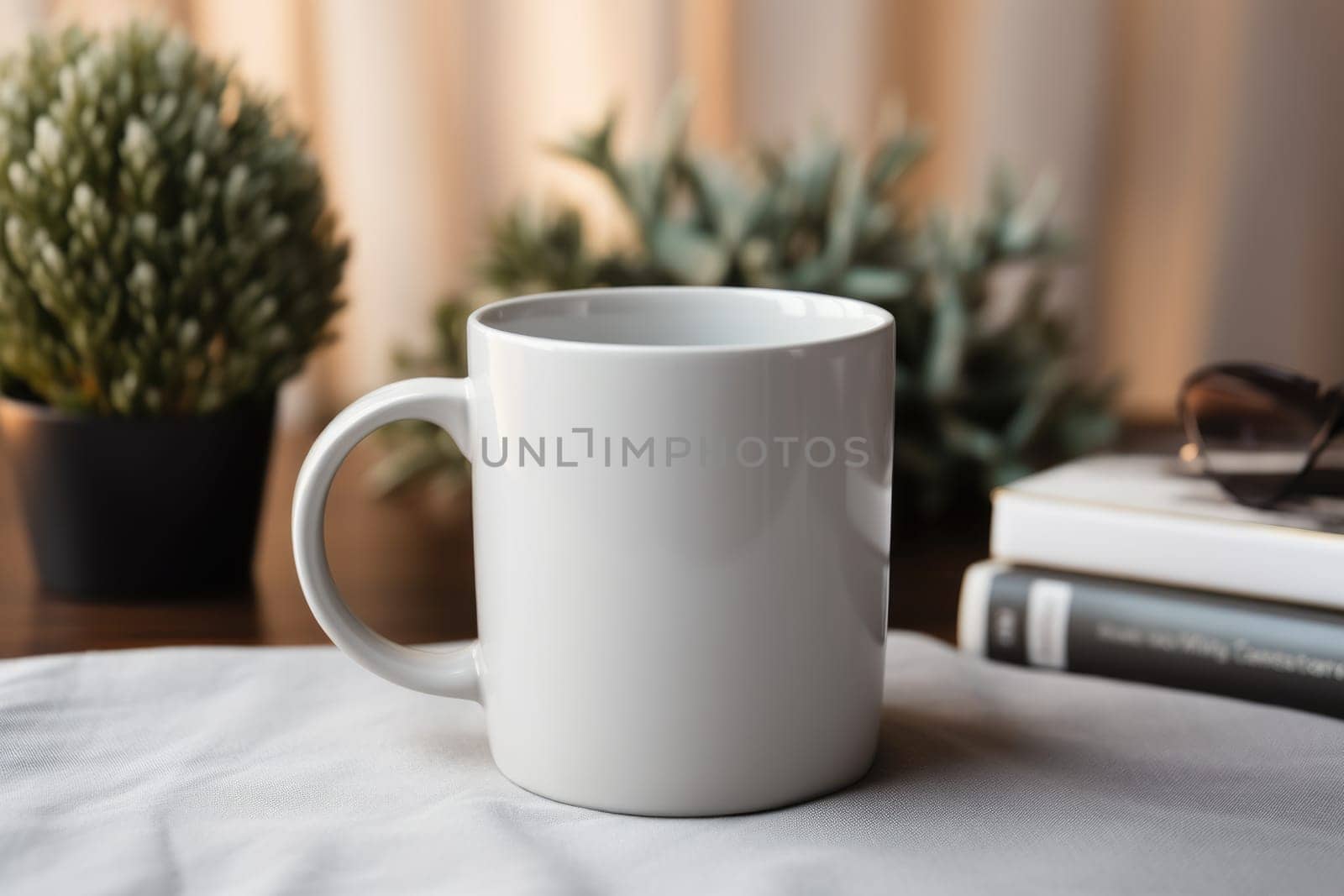 Blank white mug mockup photo on wooden table with decorations. AI Generated