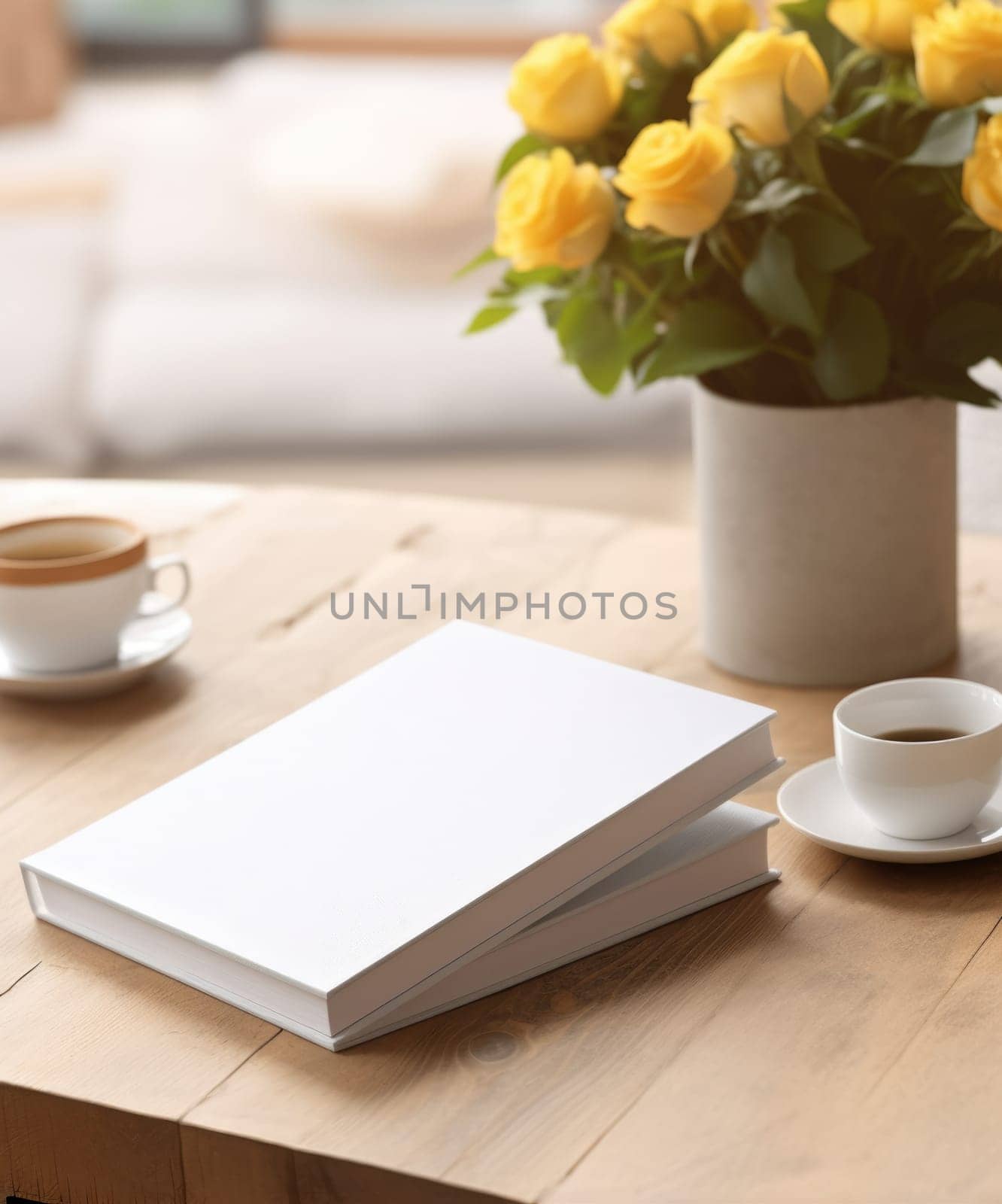 White book mockup with yellow flowers on table. AI Generated by Desperada
