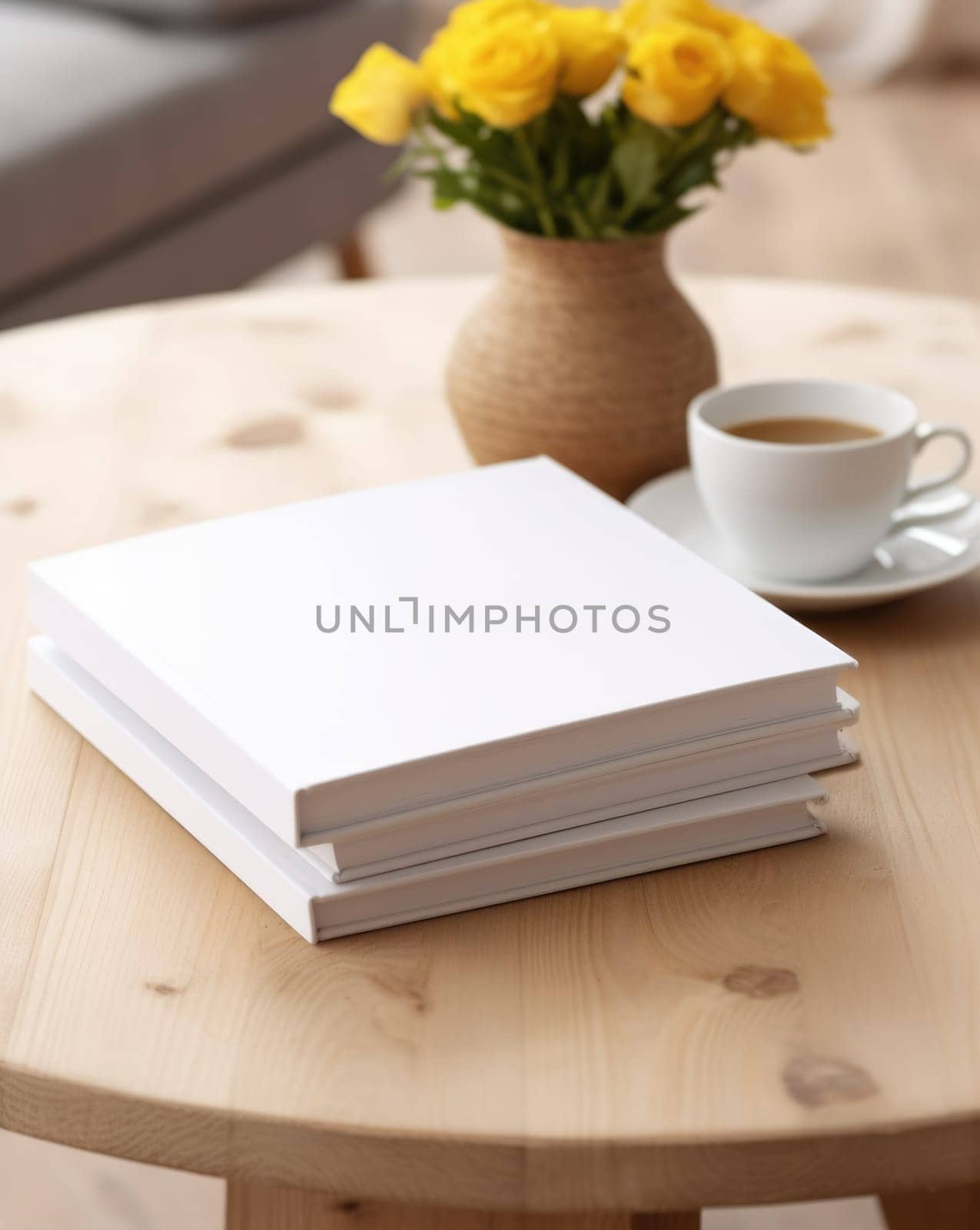 White book mockup with yellow flowers on table. AI Generated by Desperada