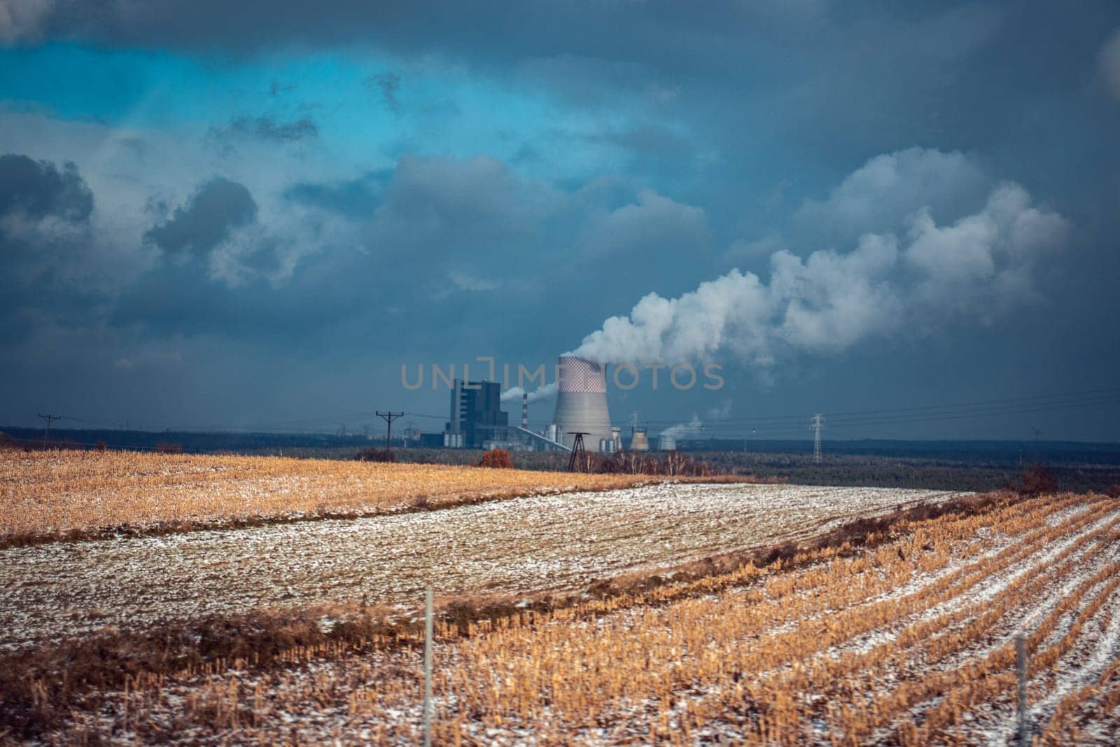 Panoramic view of nuclear power plant with wheat field Nuclear power plant cooling towers, big chimneys by _Nataly_Nati_